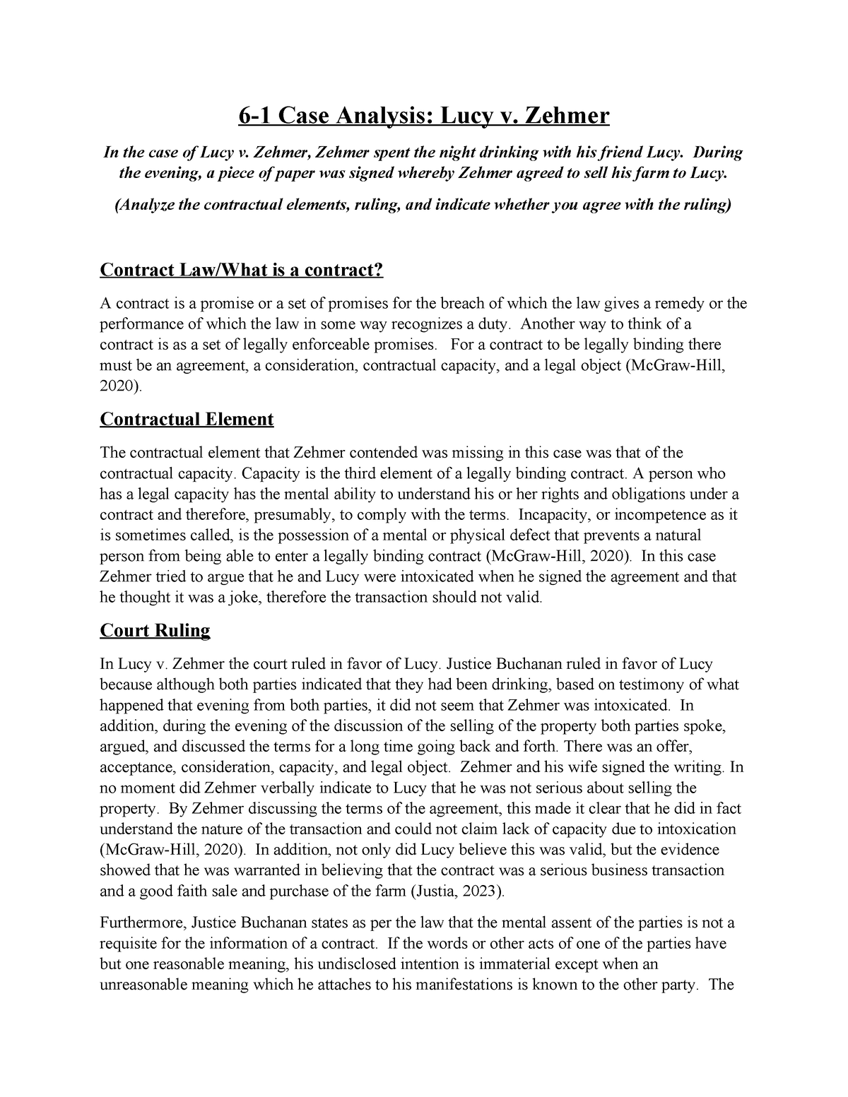 6-1 Case Analysis Lucy v. Zehmer - 6-1 Case Analysis: Lucy v. Zehmer In ...