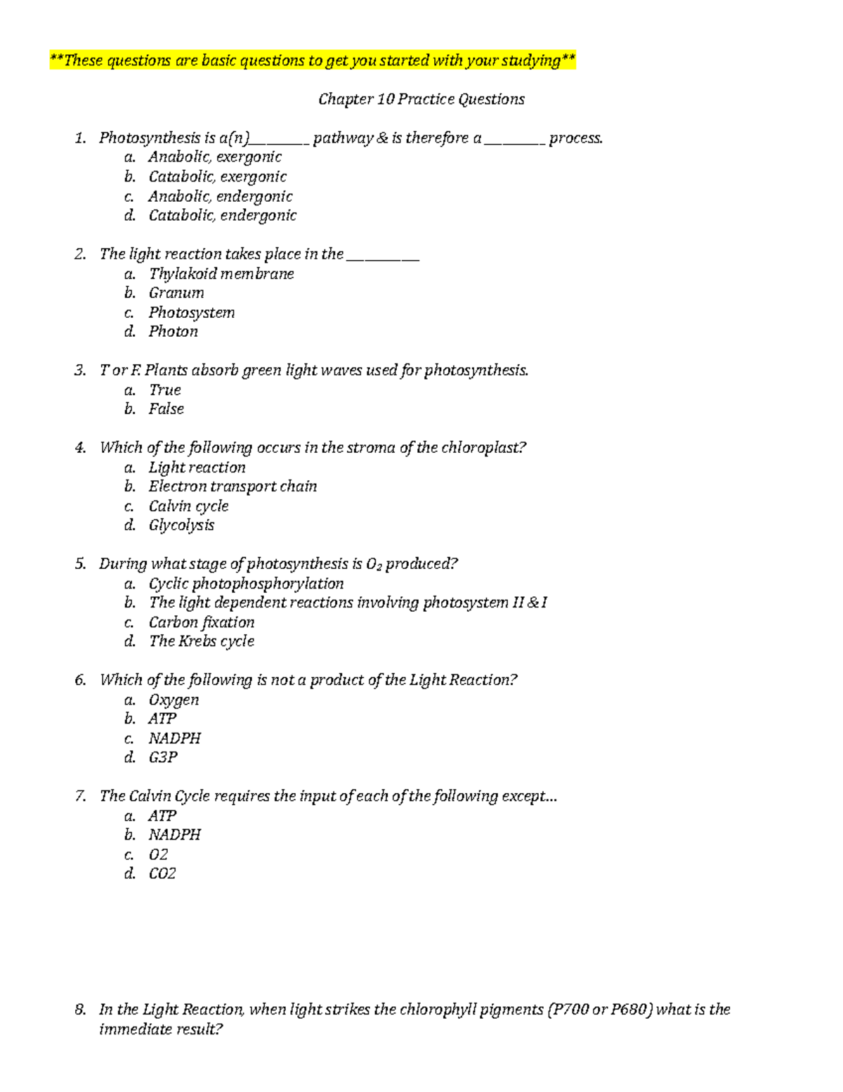 Chapter 10 Practice Questions - These questions are basic questions to ...