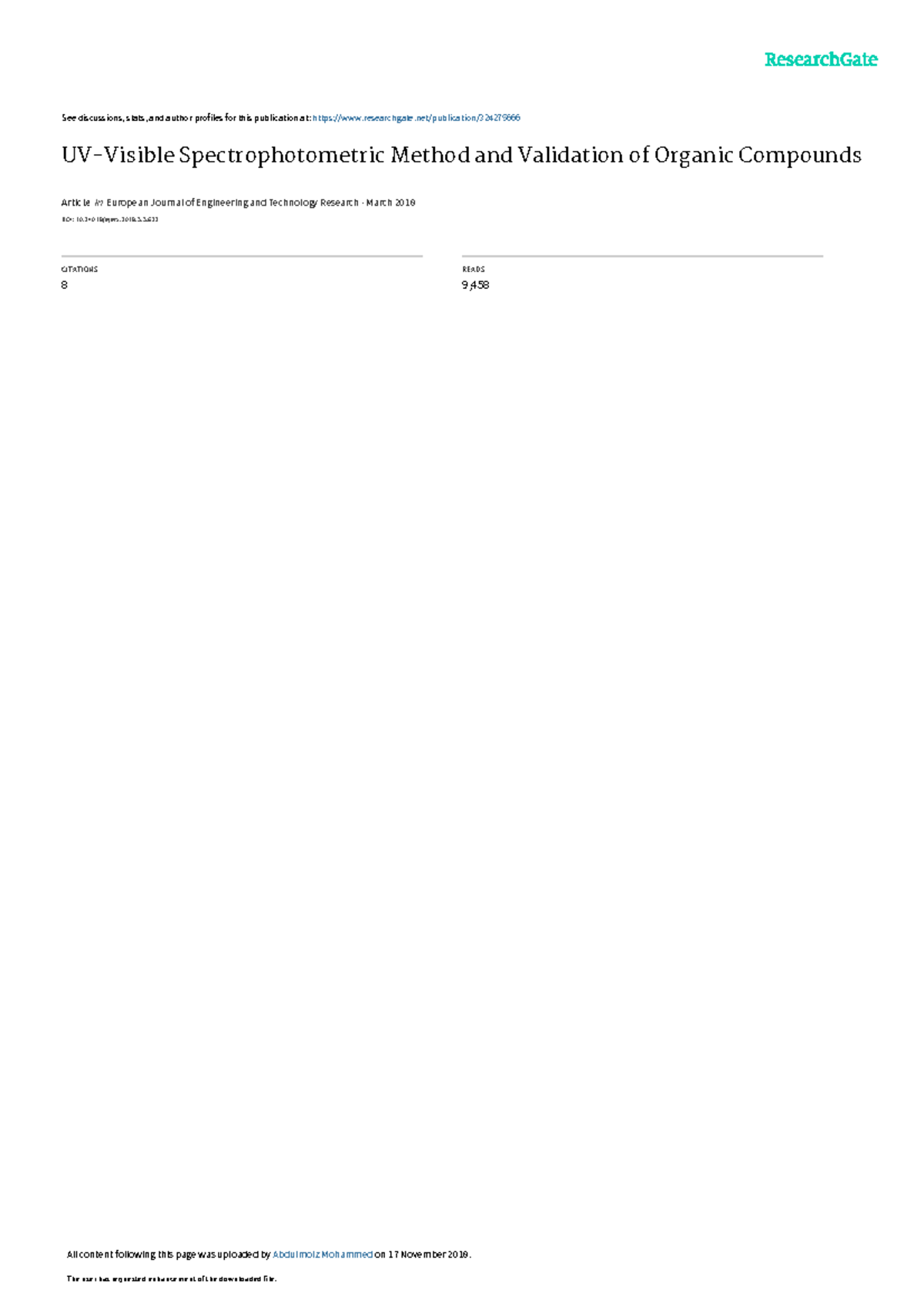UV-Visible Spectrophotometric Method and Validation of Organic ...