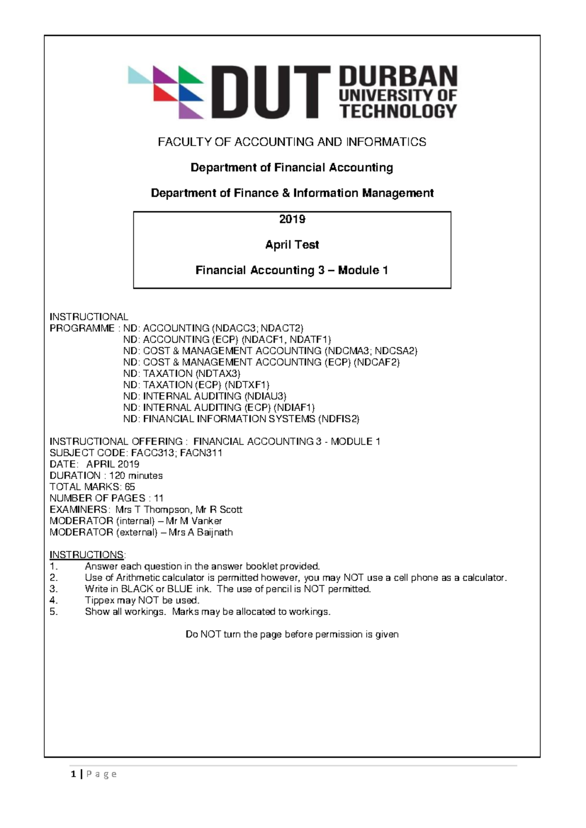 FACN311 TEST 1 Paper 2019 - Copy - FACULTY OF ACCOUNTING AND ...