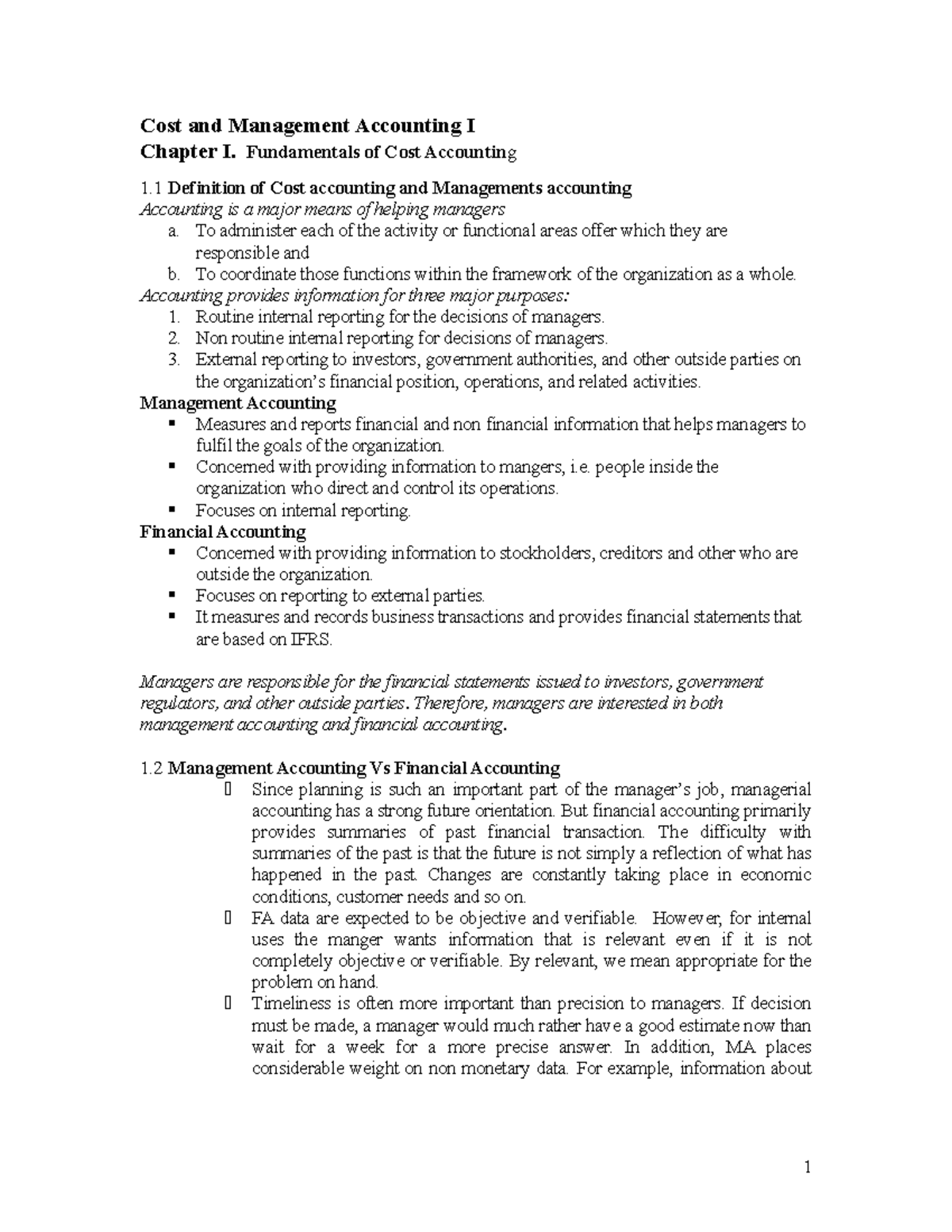 Chapter 1 (teacher) - Cost And Management Accounting I Chapter I 