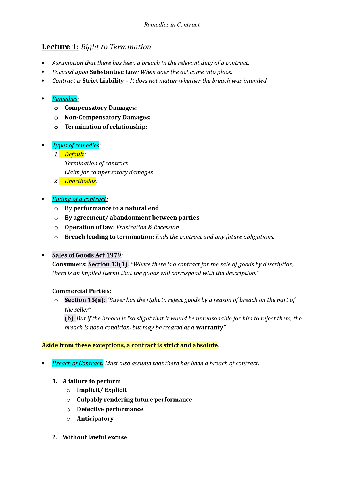 Lecture 1 Notes - Remedies In Contract Lecture 1: Right To Termination ...