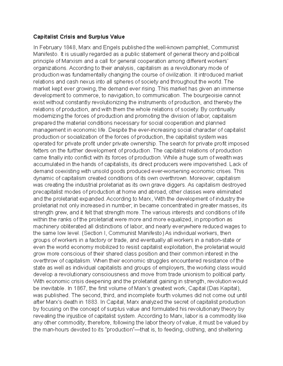 Capitalist Crisis and Surplus Value - It is usually regarded as a ...