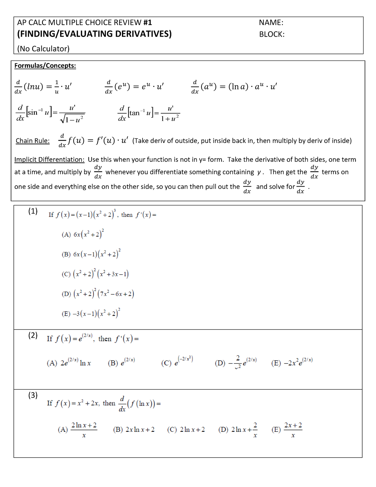 AP+CALC+MC+ Review1+(Short) AP CALC MULTIPLE CHOICE REVIEW 1 NAME