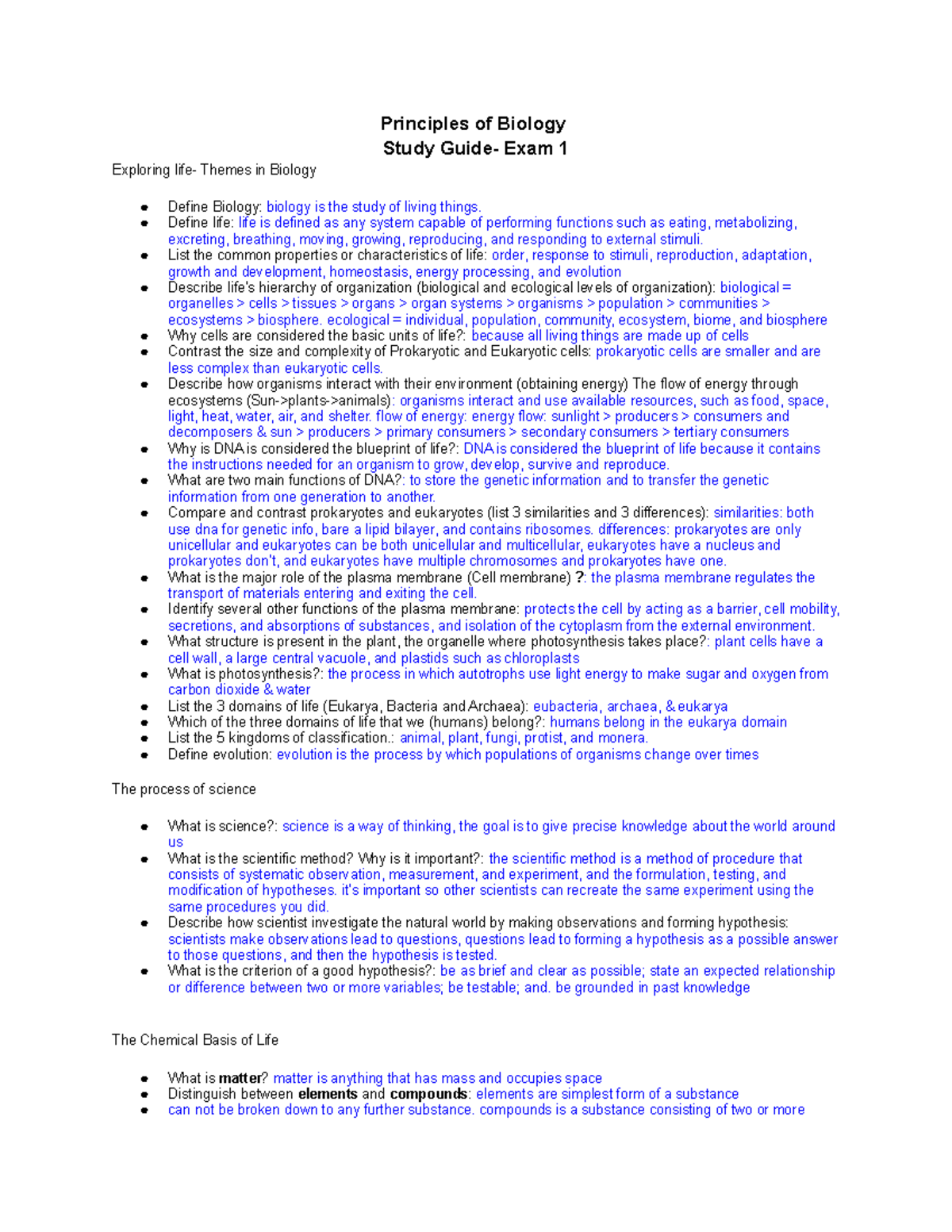 Bio Study Guide - Principles Of Biology Study Guide- Exam 1 Exploring ...