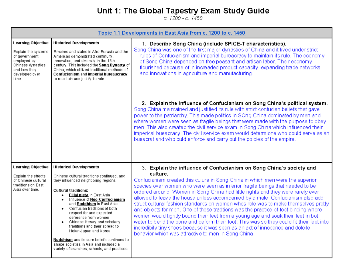 Unit 1 Study Guide review answers - Unit 1: The Global Tapestry Exam ...