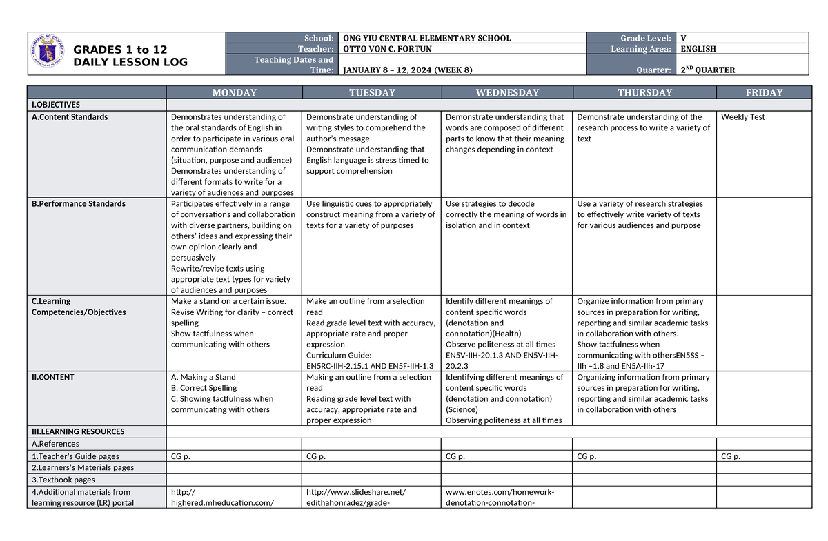 DLL English 5 Q2 W8 - daily lesson log - GRADES 1 to 12 DAILY LESSON ...