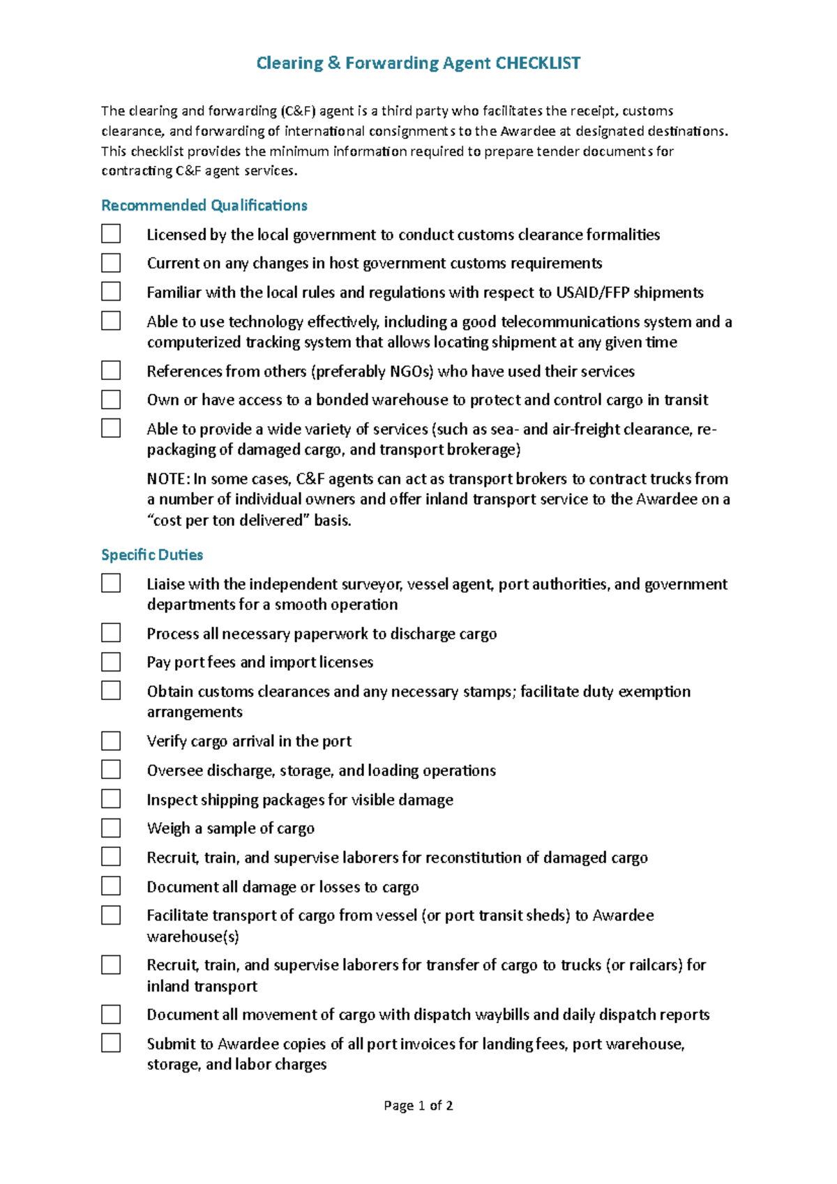 Clearing and forwarding agent checklist Clearing & Forwarding Agent