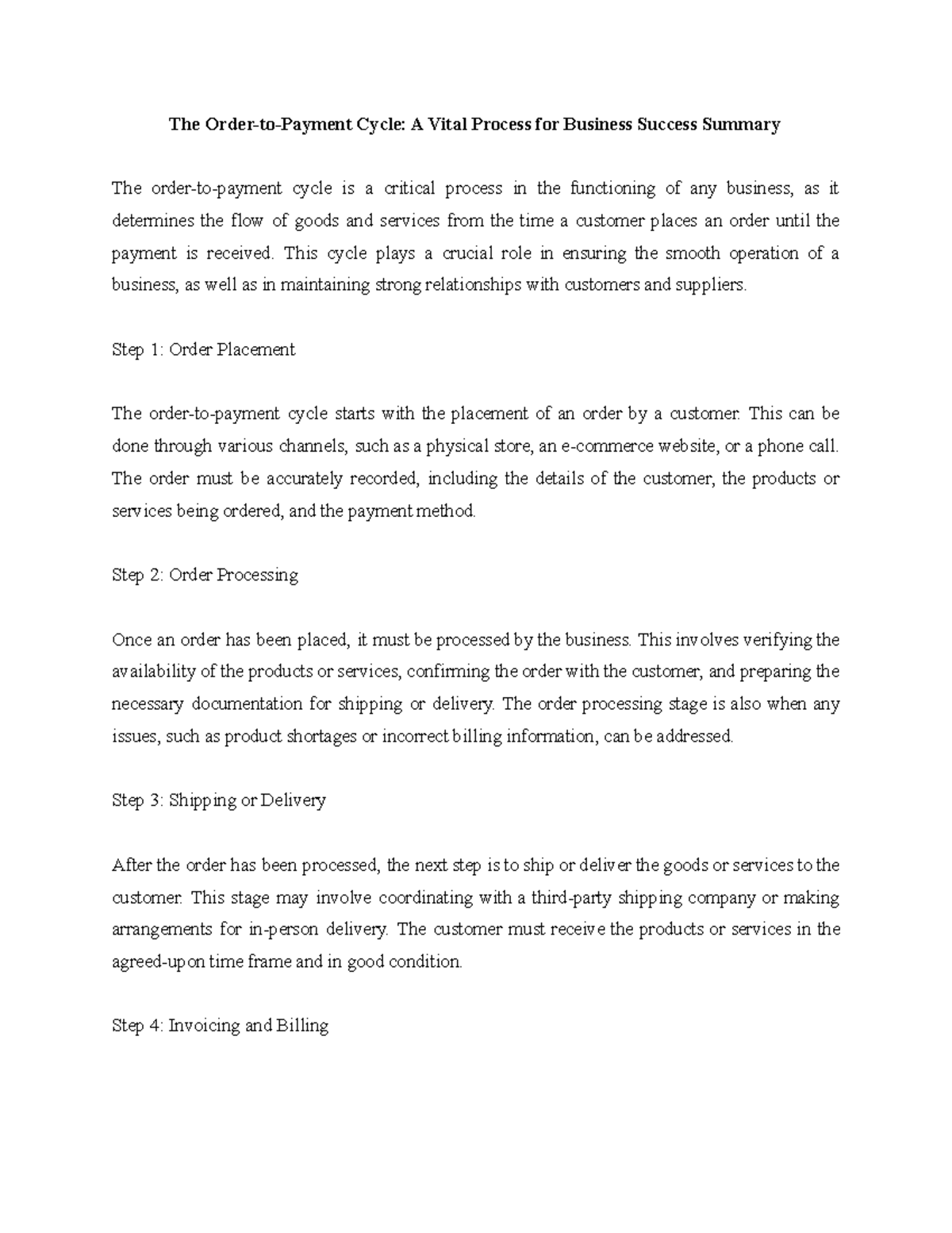 The Order-to-Payment Cycle A Vital Process for Business Success Summary ...