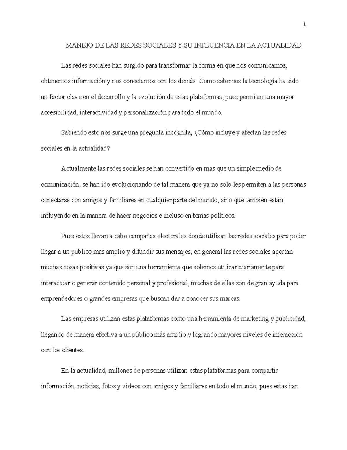 Manejo DE LAS Redes Sociales Y SU Influencia EN LA Actualidad - 1 ...