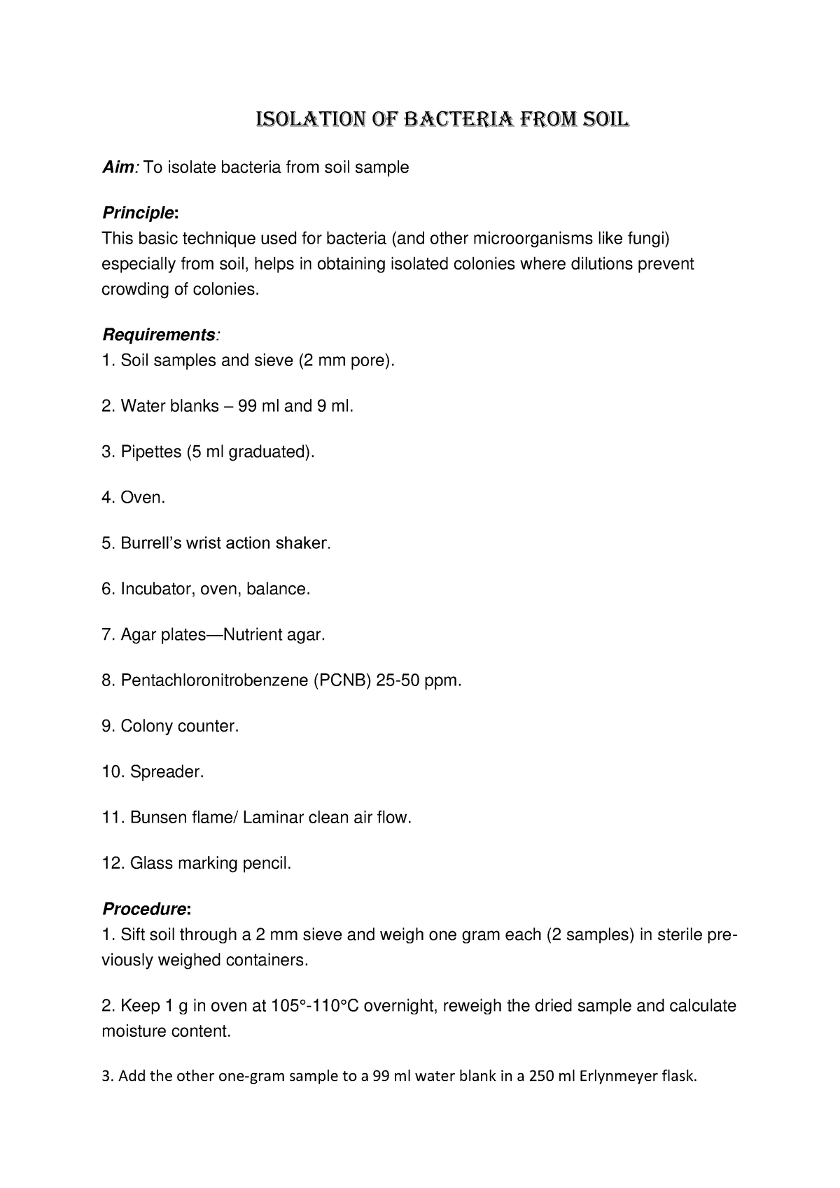 Procedure For Isoaltion Of Bacteria From Soil Isolation Of Bacteria