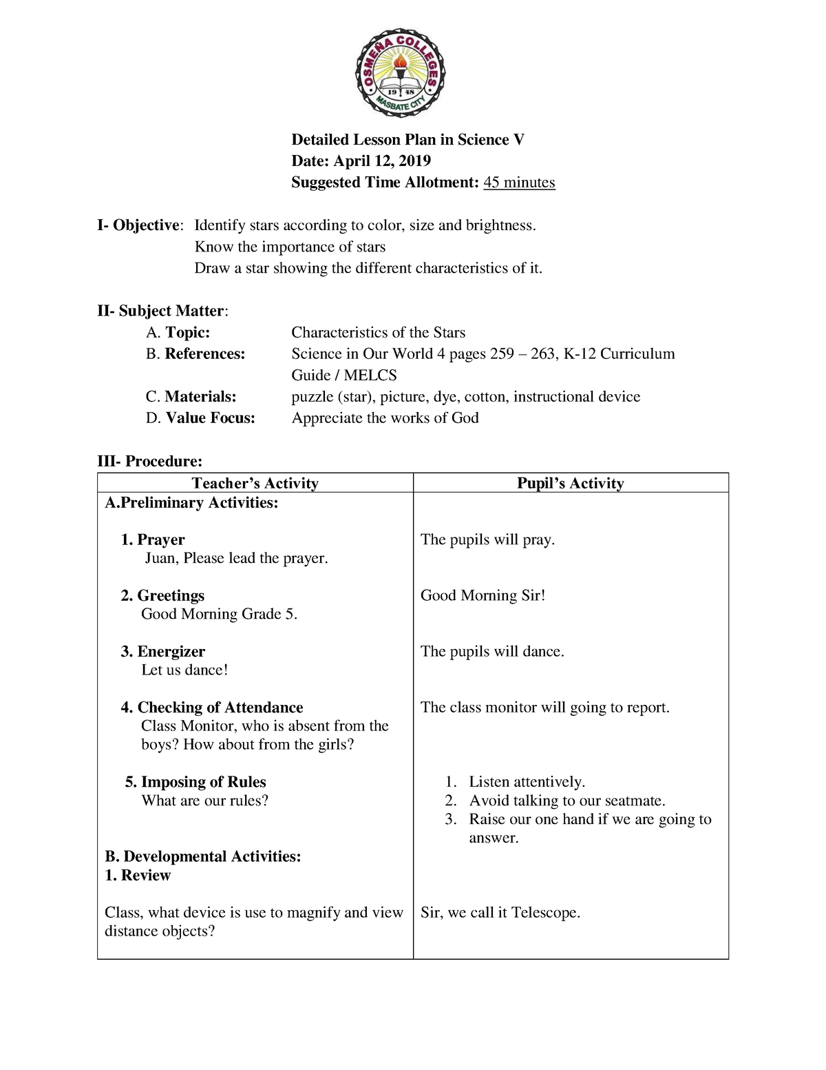 Detailed Lesson Plan In Science 5 Know The Importance Of Stars Draw A   Thumb 1200 1553 