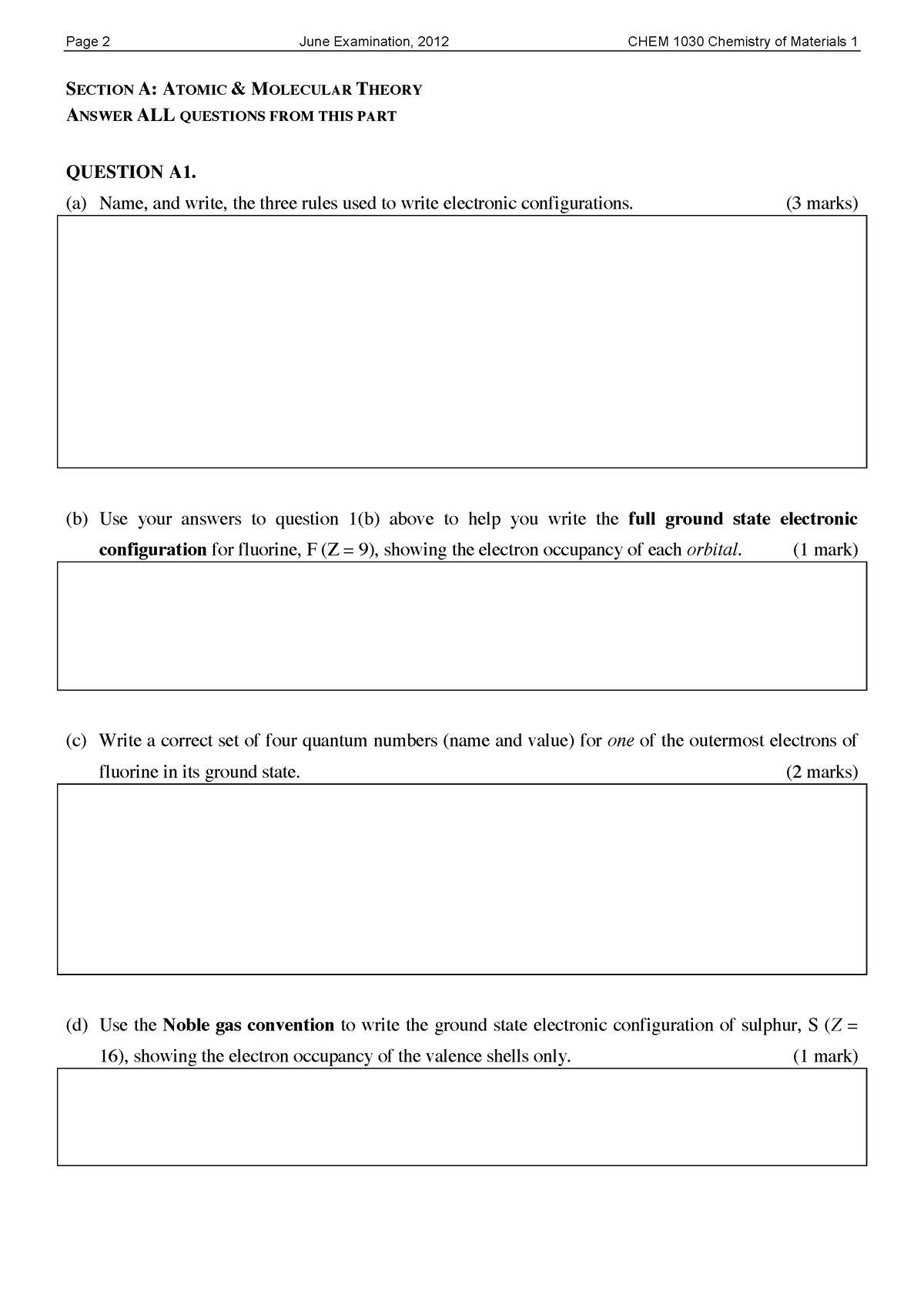 Exam2012 - Lecture Notes - Page 2 June Examination, 2012 CHEM 1030 ...