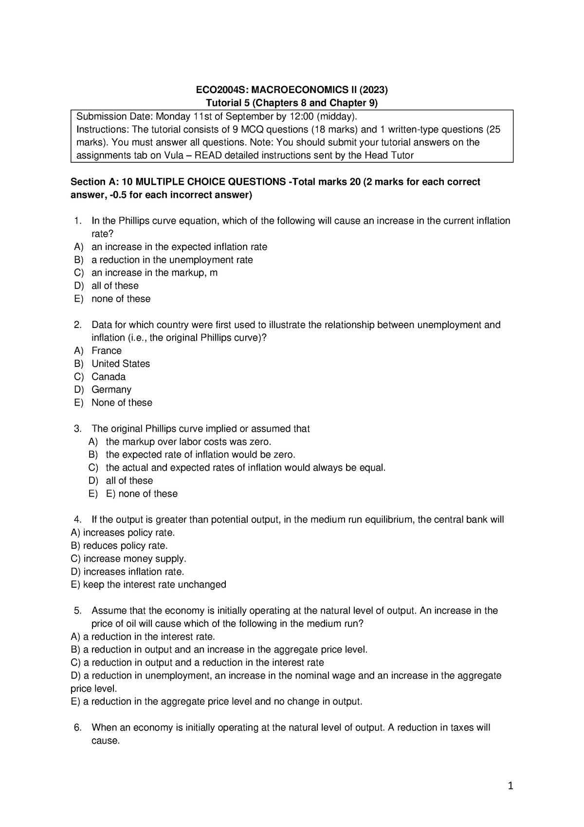 ECO2004 S Tutorial 5 Questions - 1 ECO2004S: MACROECONOMICS II (2023 ...