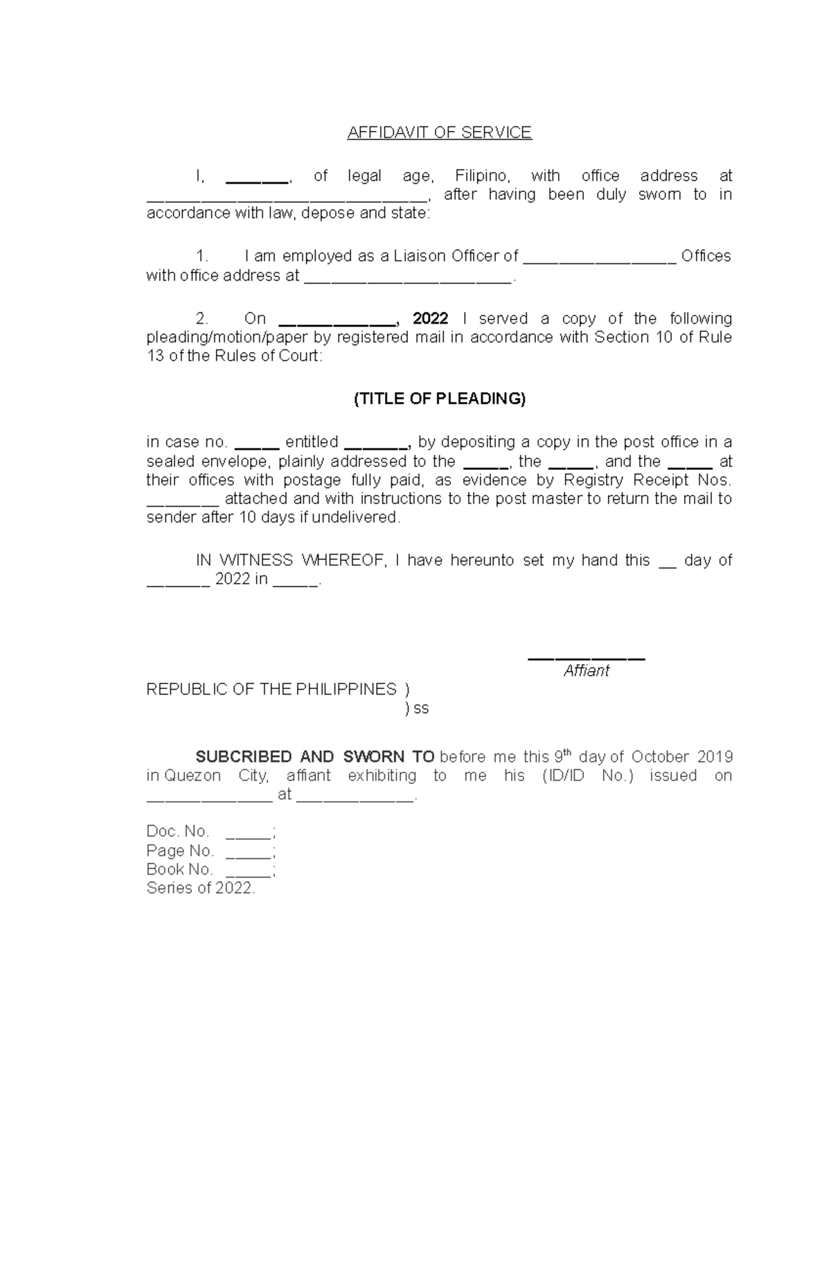 Affidavit of Service Template AFFIDAVIT OF SERVICE I, _______, of