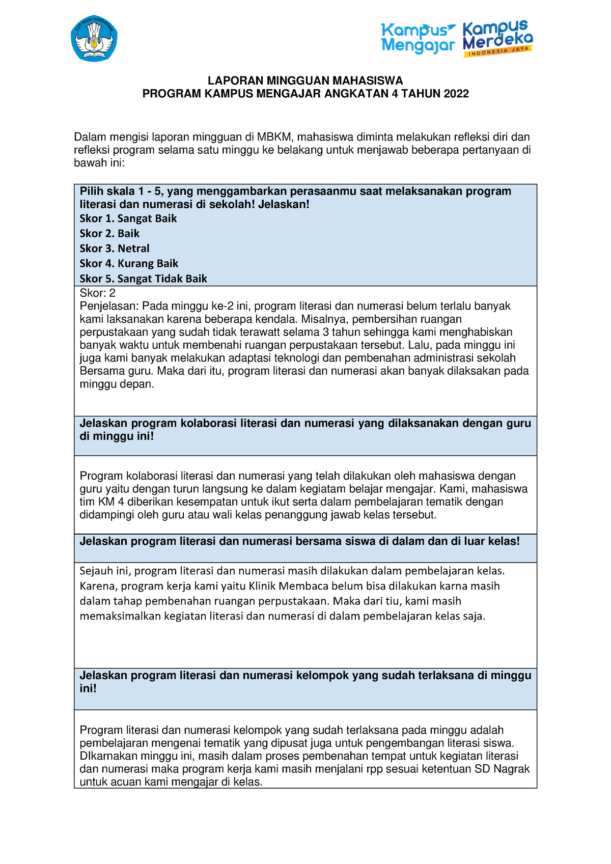 Laporan Mingguan - LAPORAN MINGGUAN MAHASISWA PROGRAM KAMPUS MENGAJAR ...