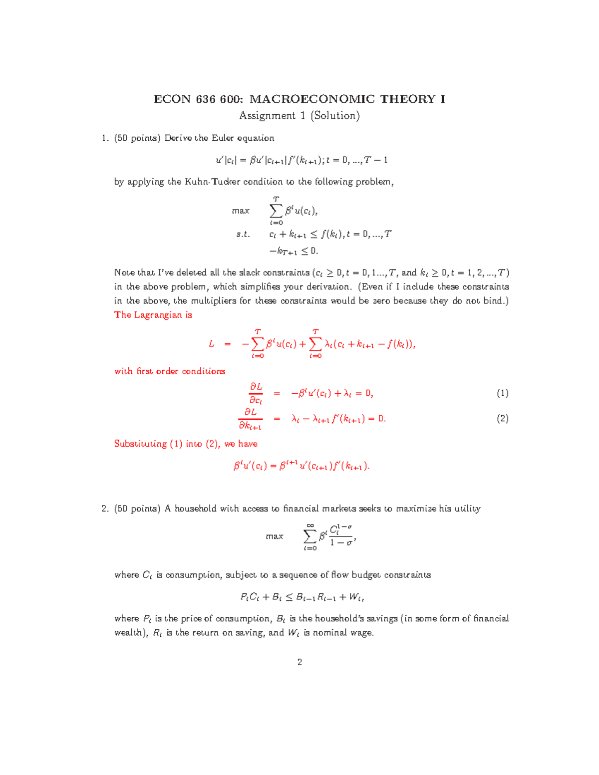 Assignment 1 solution - ECON 636 600: MACROECONOMIC THEORY I Assignment ...