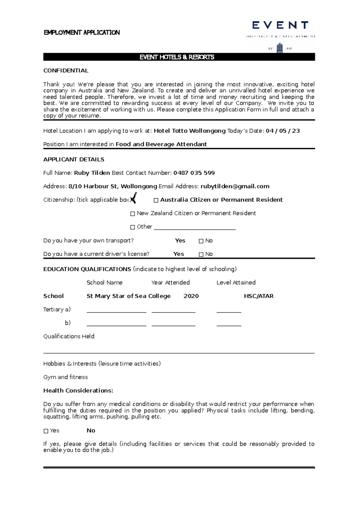 Event Hotels Application FORM - EVENT HOTELS & RESORTS CONFIDENTIAL ...