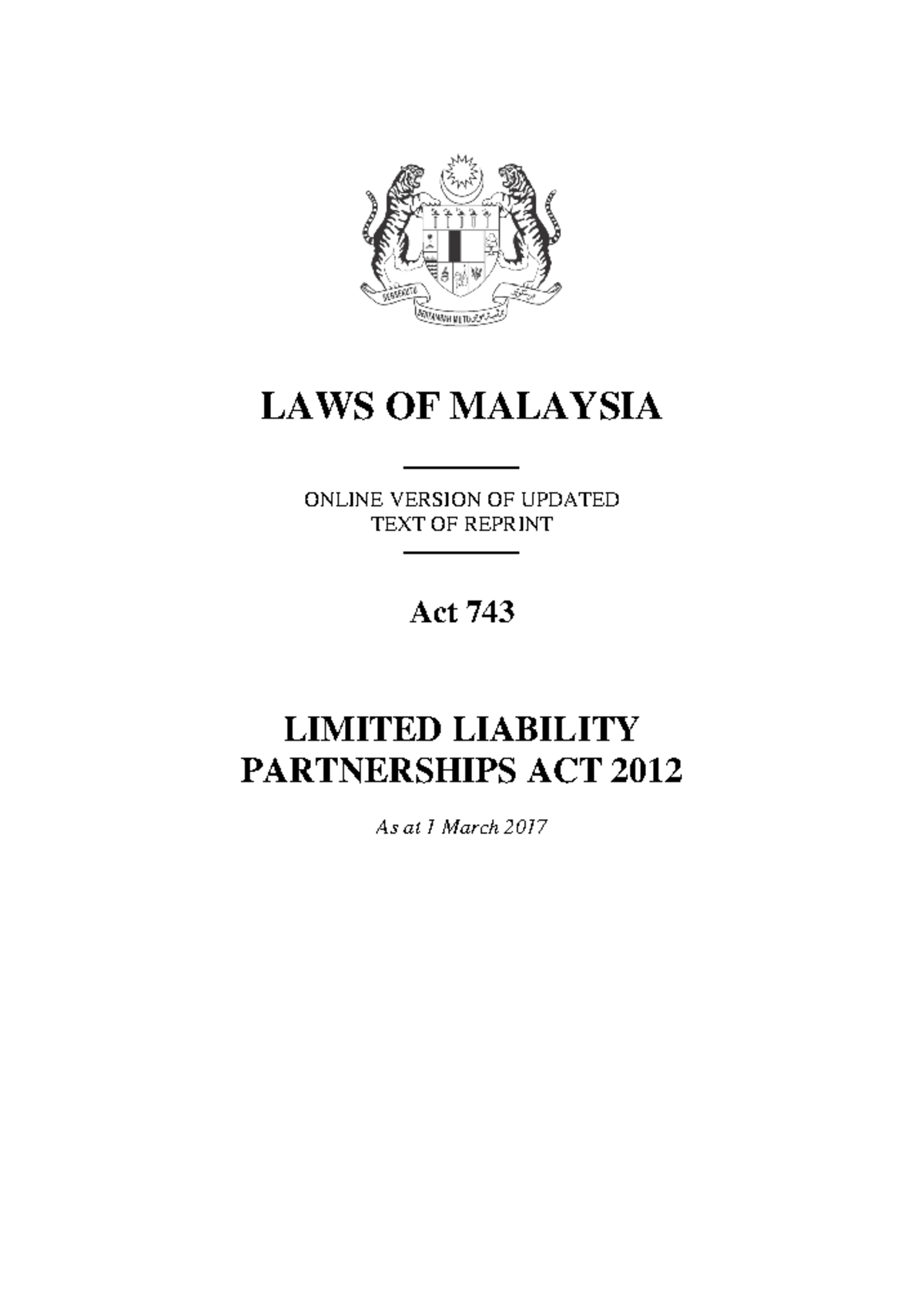Partnership Act statute LAWS OF MALAYSIA ONLINE VERSION OF UPDATED