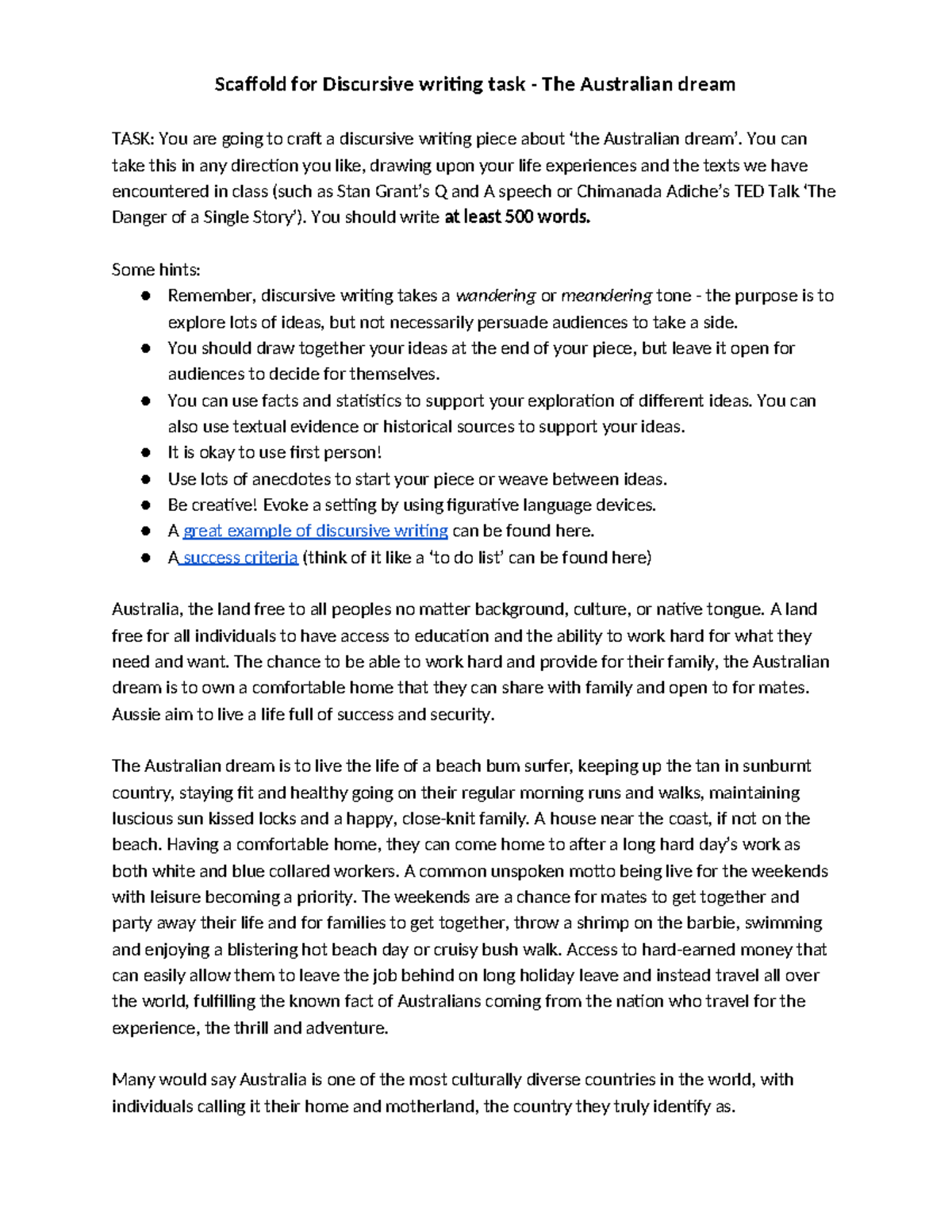 Scaffold for Discursive writing task - The Australian dream - You can ...