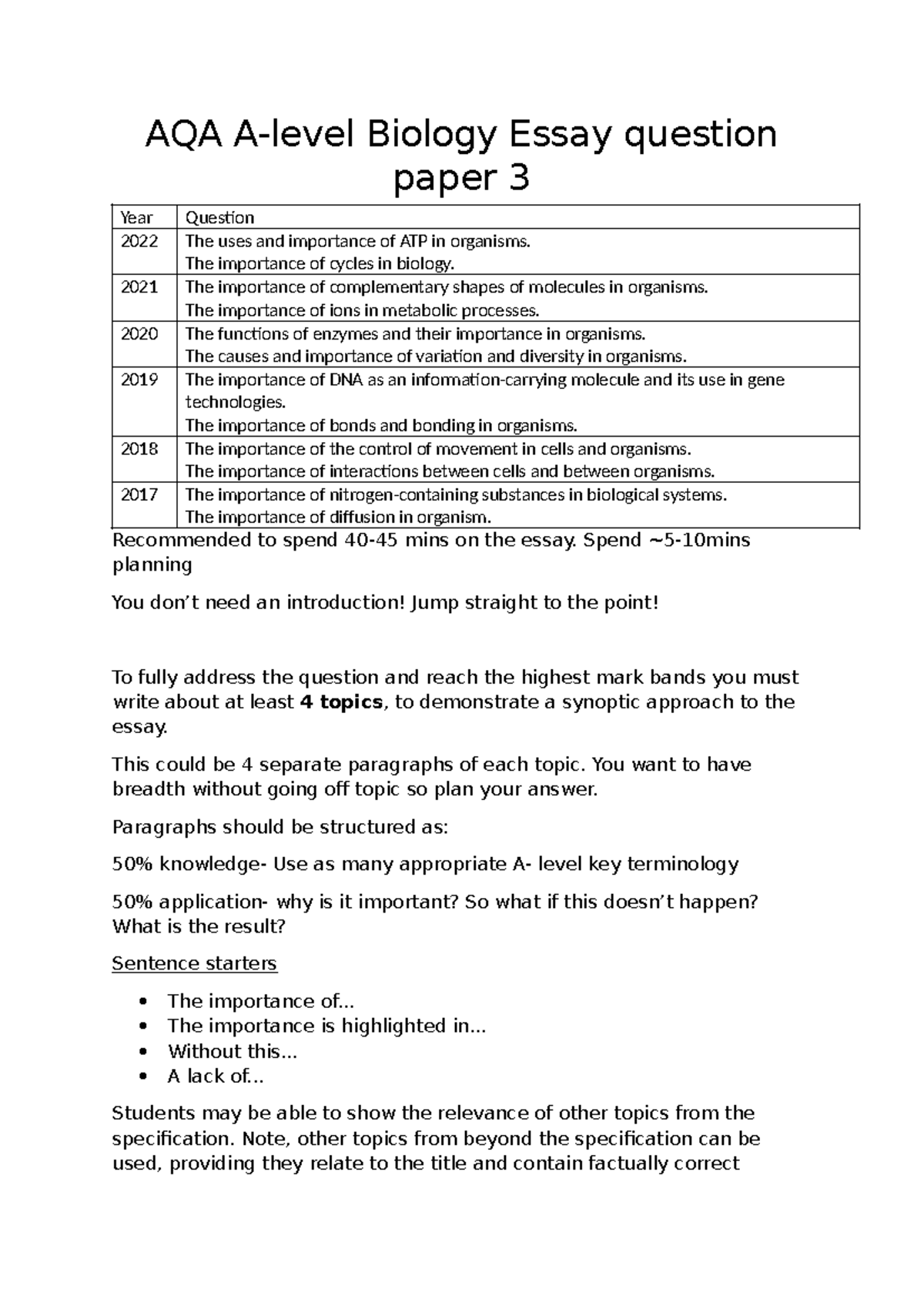 aqa a level biology essay plans