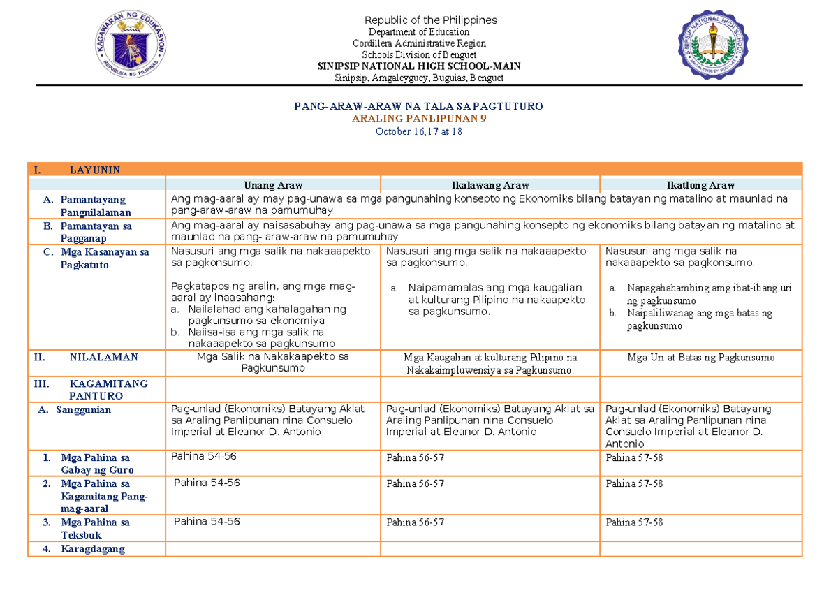 Ap 9 Dll Republic Of The Philippines Department Of Education Cordillera Administrative Region 1781