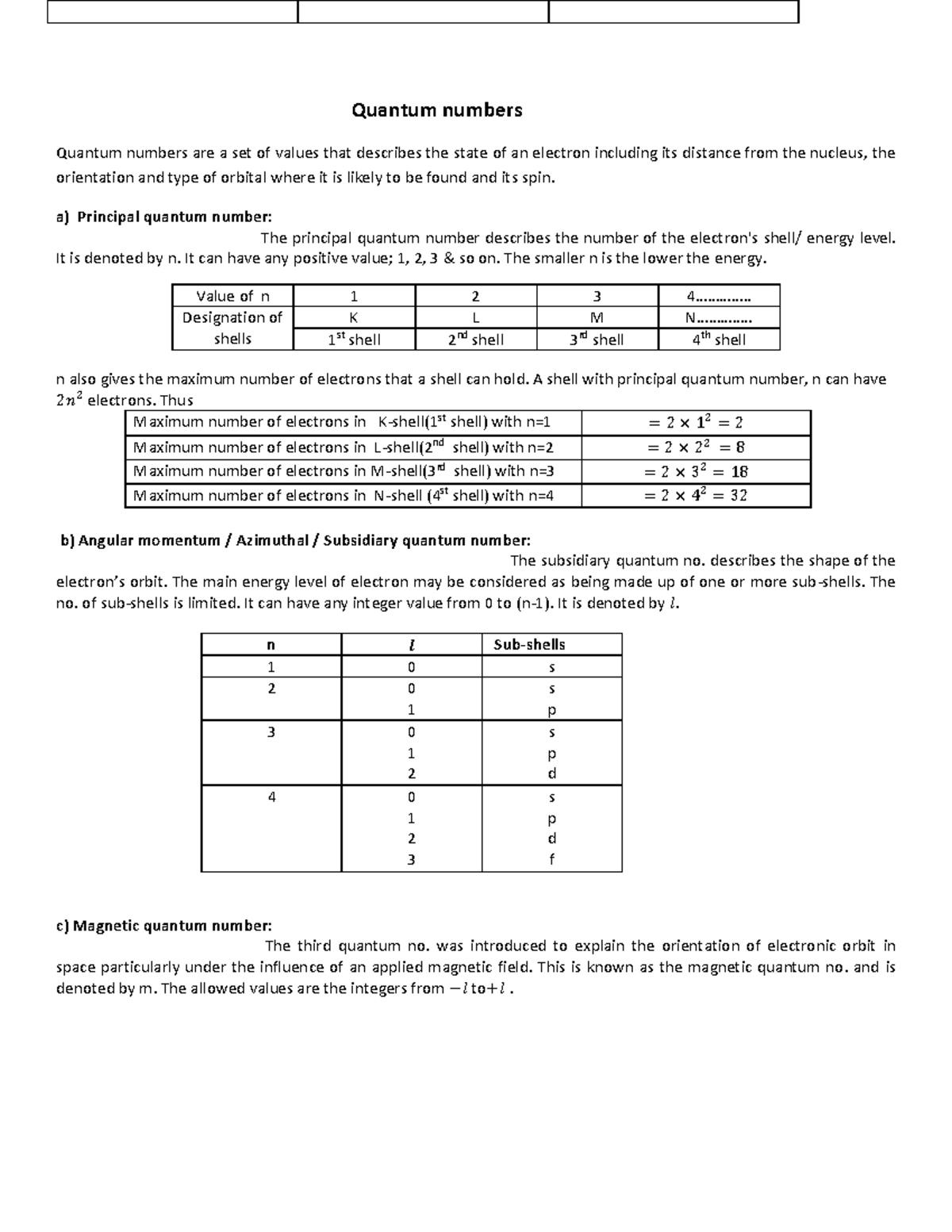 Quantumno class notes Quantum numbers Quantum numbers are a set of