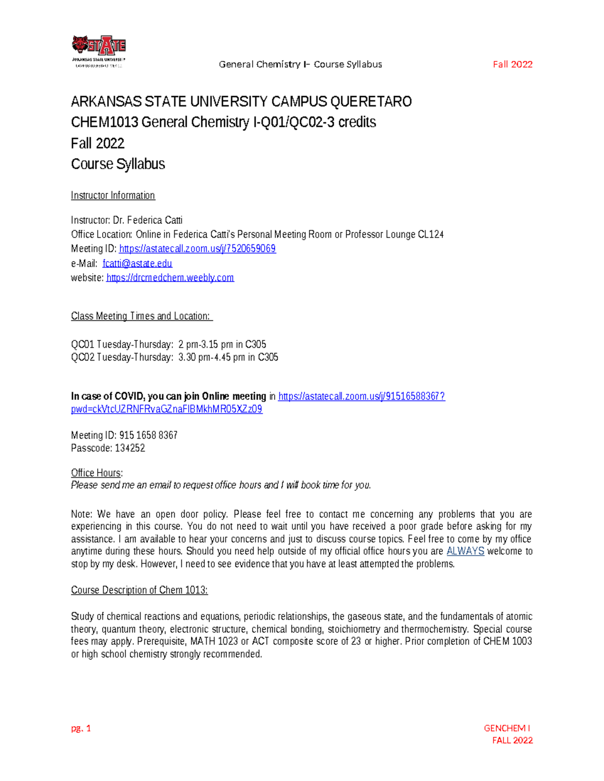 General Chemistry I Syllabus Fall 2022 Q01Q02 v1 - ARKANSAS STATE ...