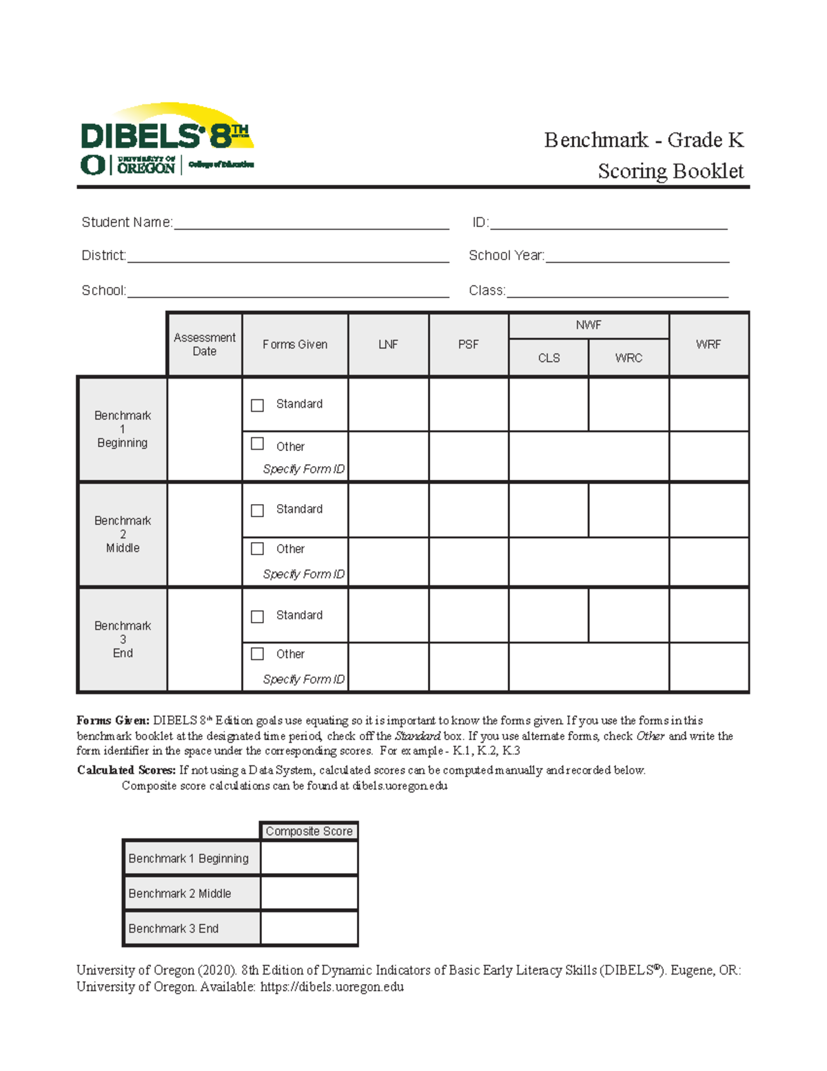 Open Dibels 8 Benchmark K Scoring 2020-1 11 - Student Name