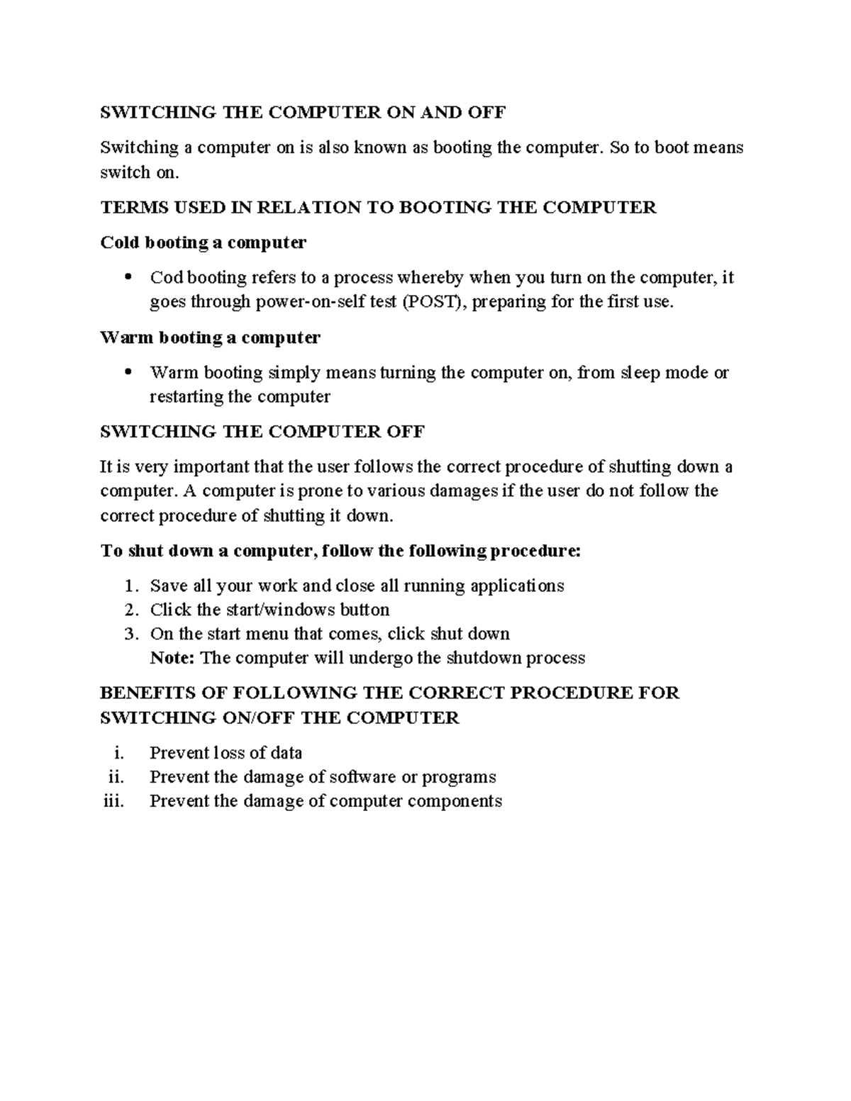 SAFE USE OF Computers - form 1 work - SWITCHING THE COMPUTER ON AND OFF ...
