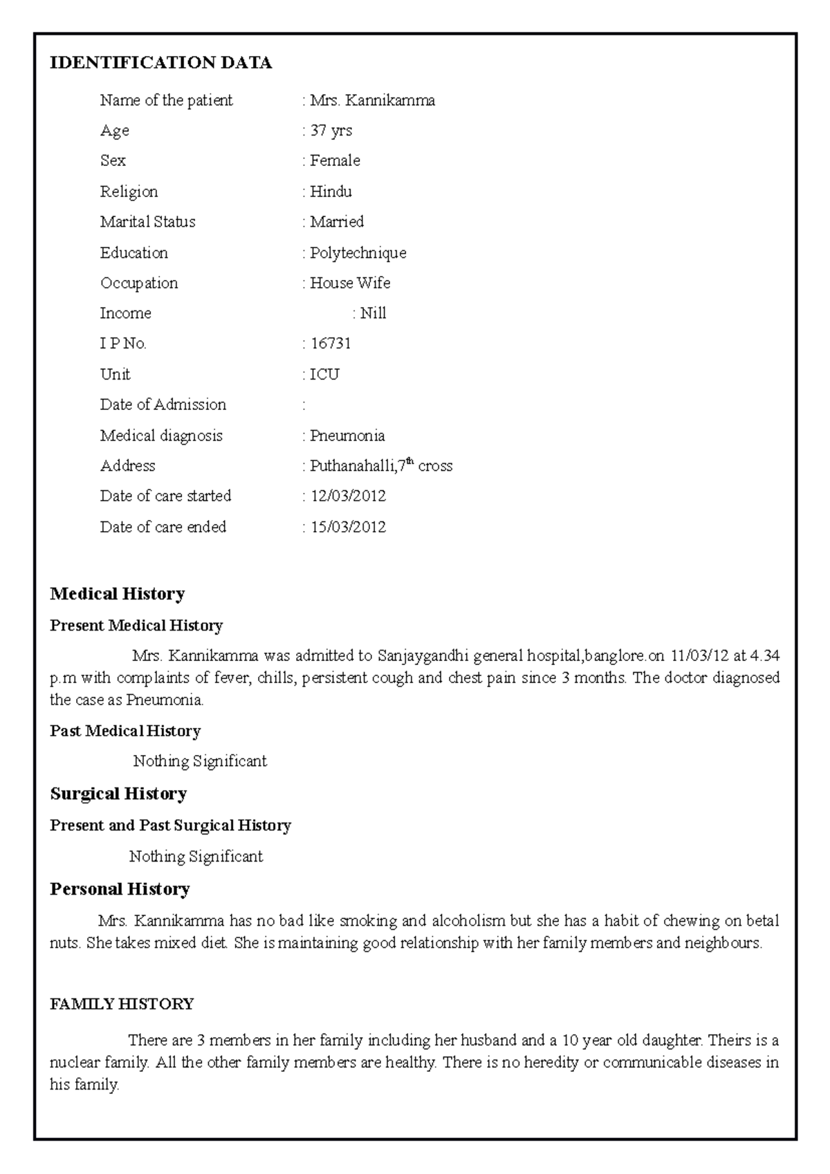 110903276 Care Plan Pneumonia - IDENTIFICATION DATA Name of the patient ...
