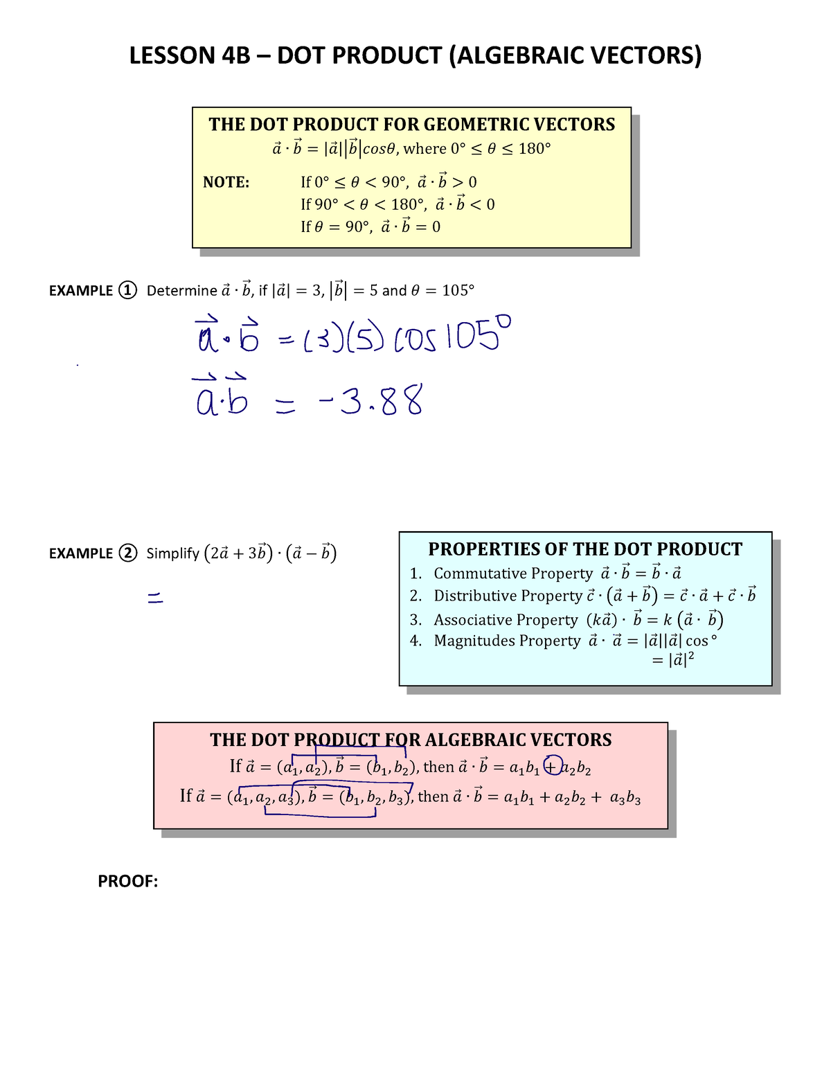 Lesson 4B - The Dot Product (Algebraic Vectors) Solutions - LESSON 4B ʹ ...