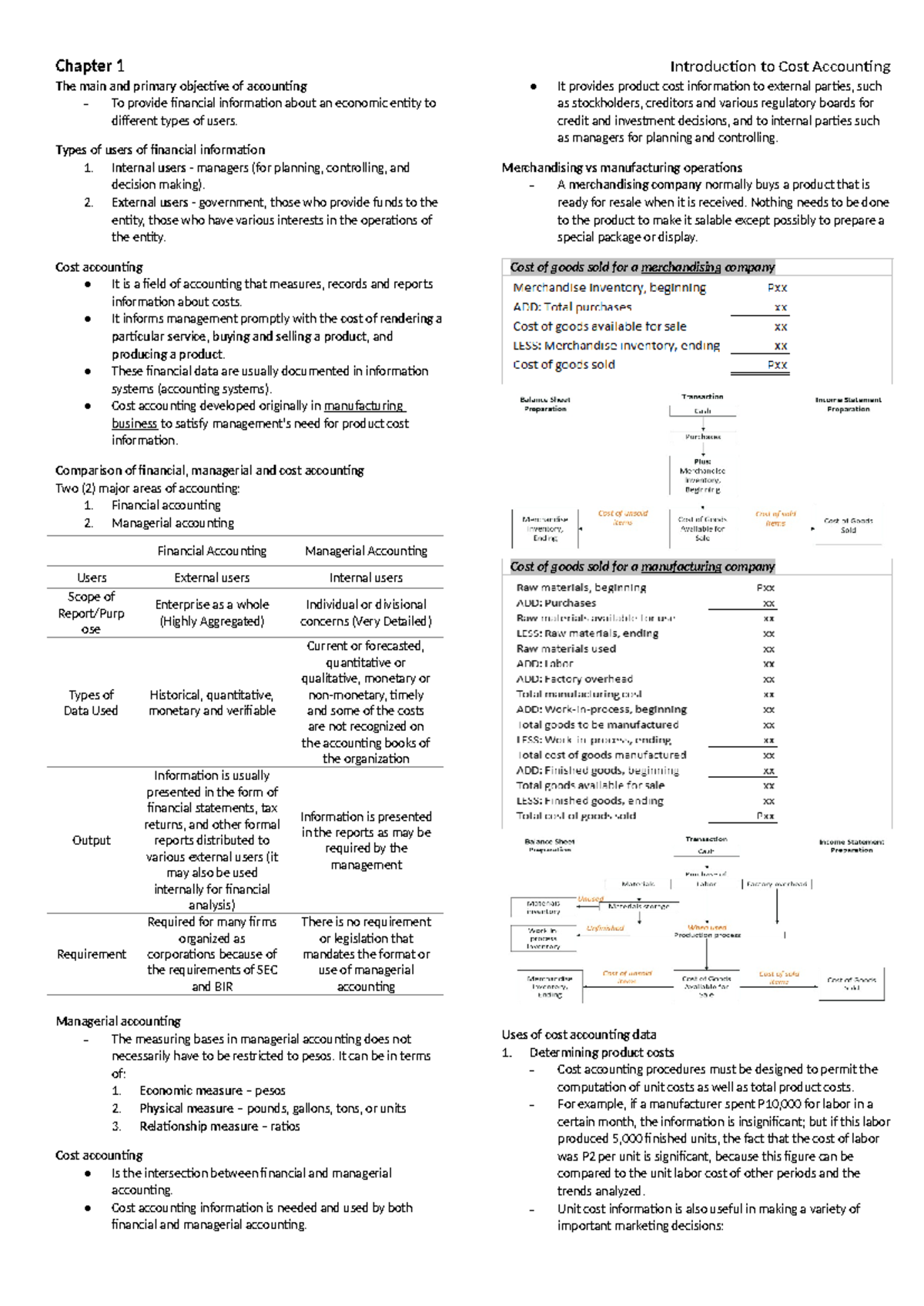 Cost acctg 1 - Notes - Chapter 1 Introduction to Cost Accounting The ...