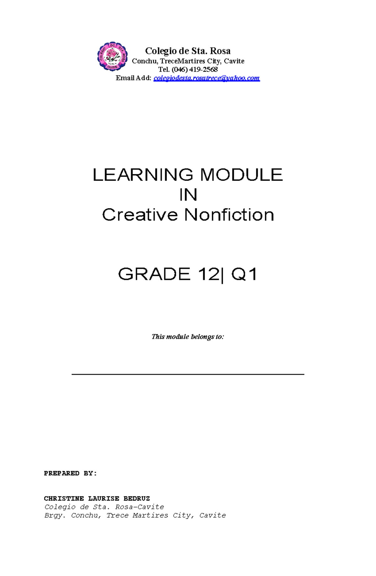 Module for Culminating Activity First Week - Email Add: colegiodesta ...