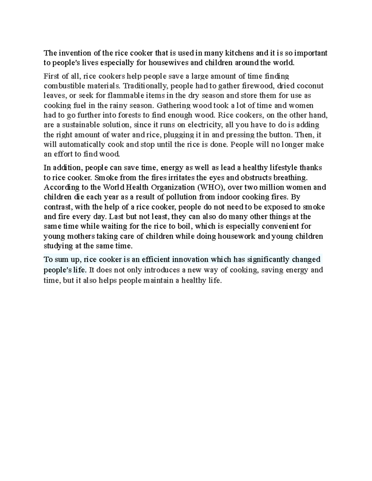 Writing 2 unit 2 - Grade: B+ - The invention of the rice cooker that is ...