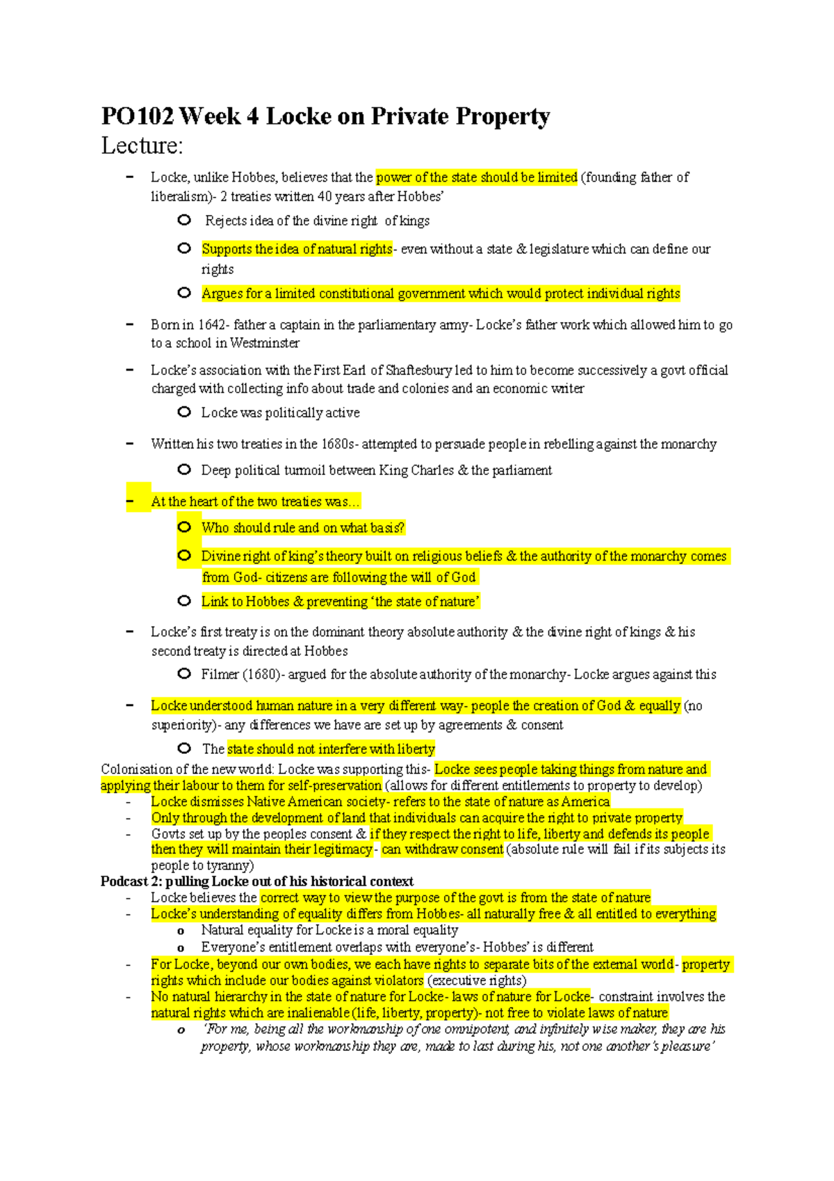 Week 4 lock on private property PO102 Week 4 Locke on Private