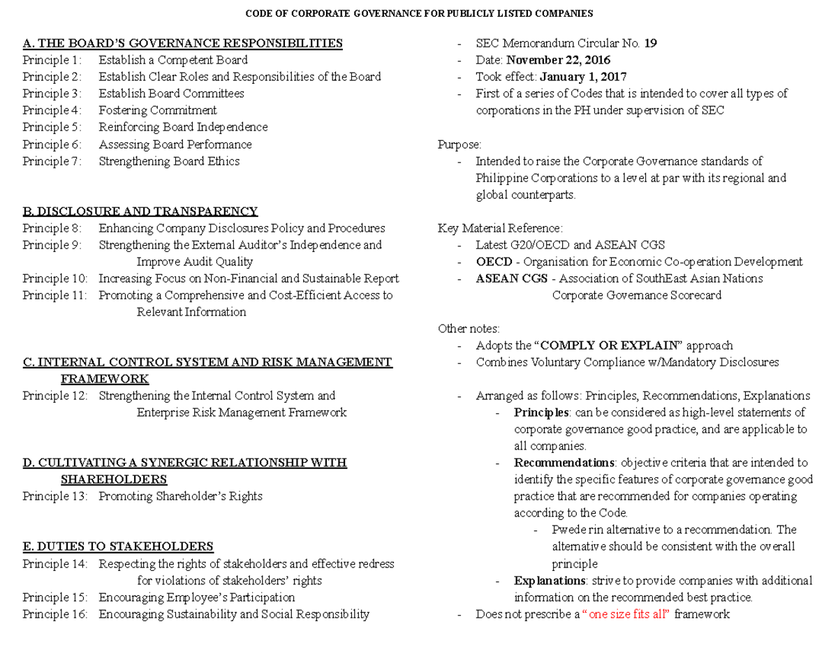 Code of Corporate Governance for Publicly Listed Companies Summary ...