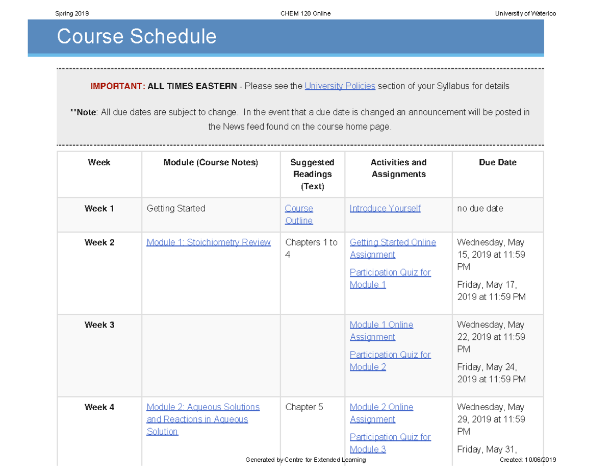 CHEM 120 Syllabus - Course schedule for CHEM 120 - Course Schedule ...