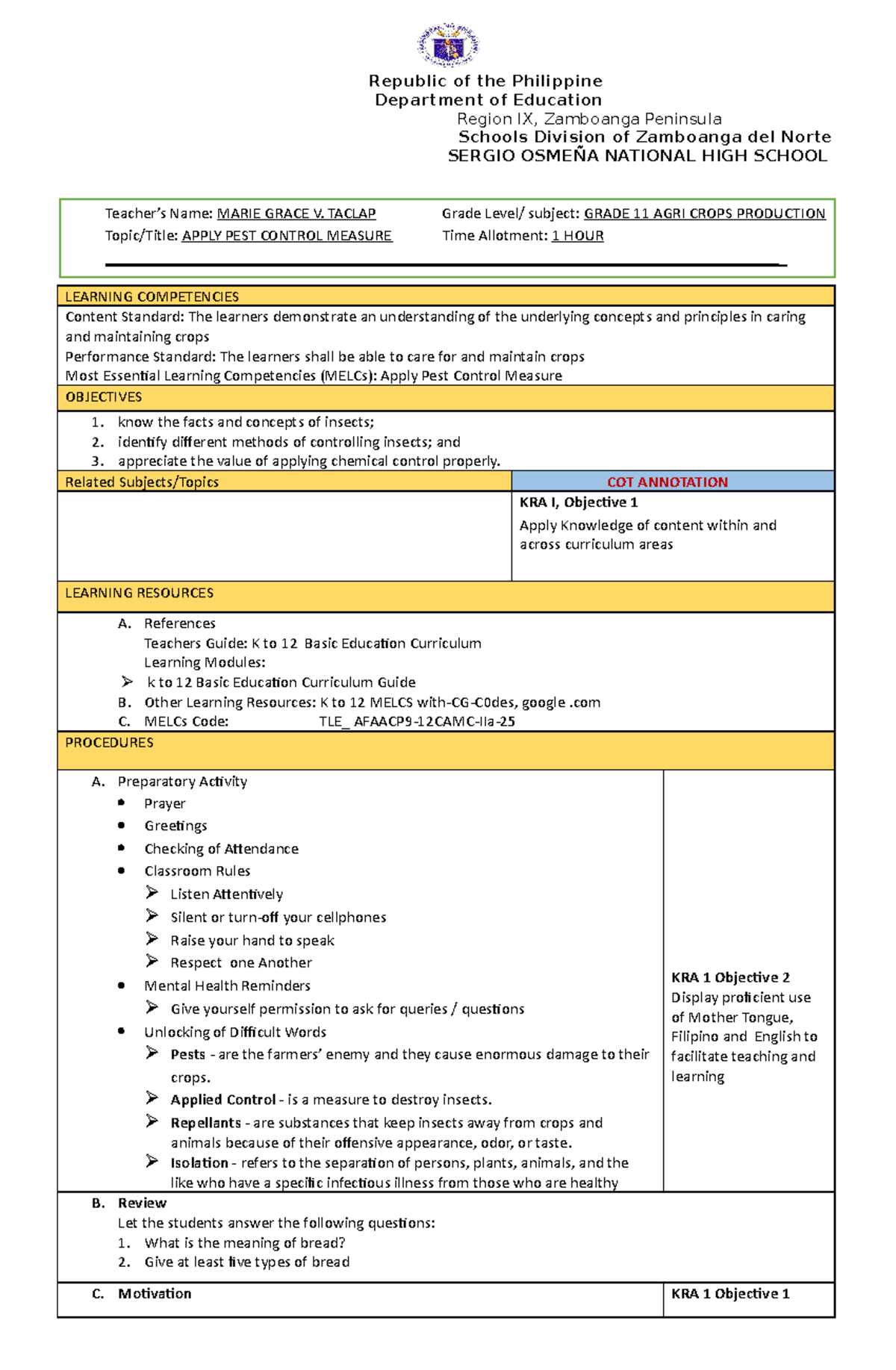 Cot Lesson Plan 3rdqrtr 22 23 Republic Of The Philippine Department Of Education Region Ix 4200