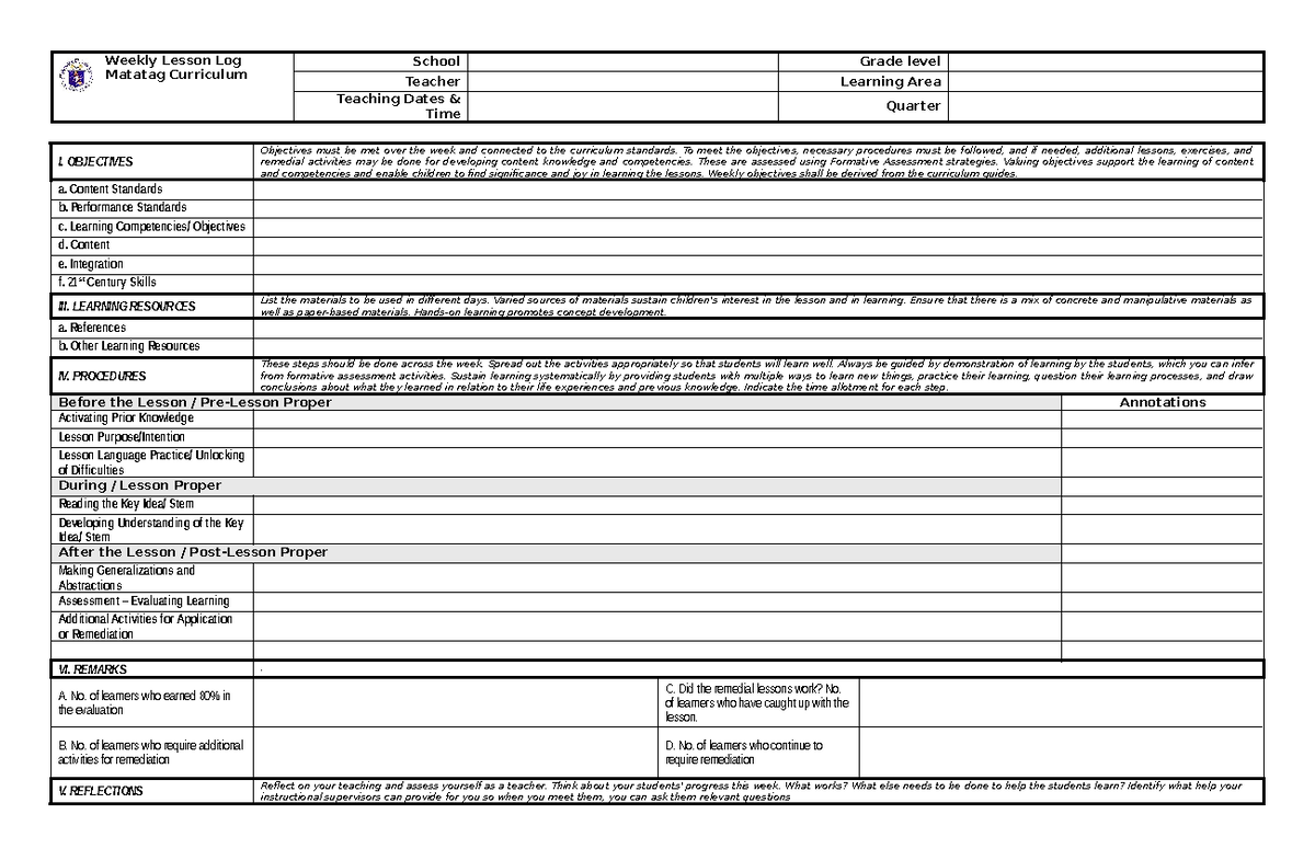 Modified Matatag Curriculum Lesson Plan (Weekly/Daily) - Weekly Lesson ...