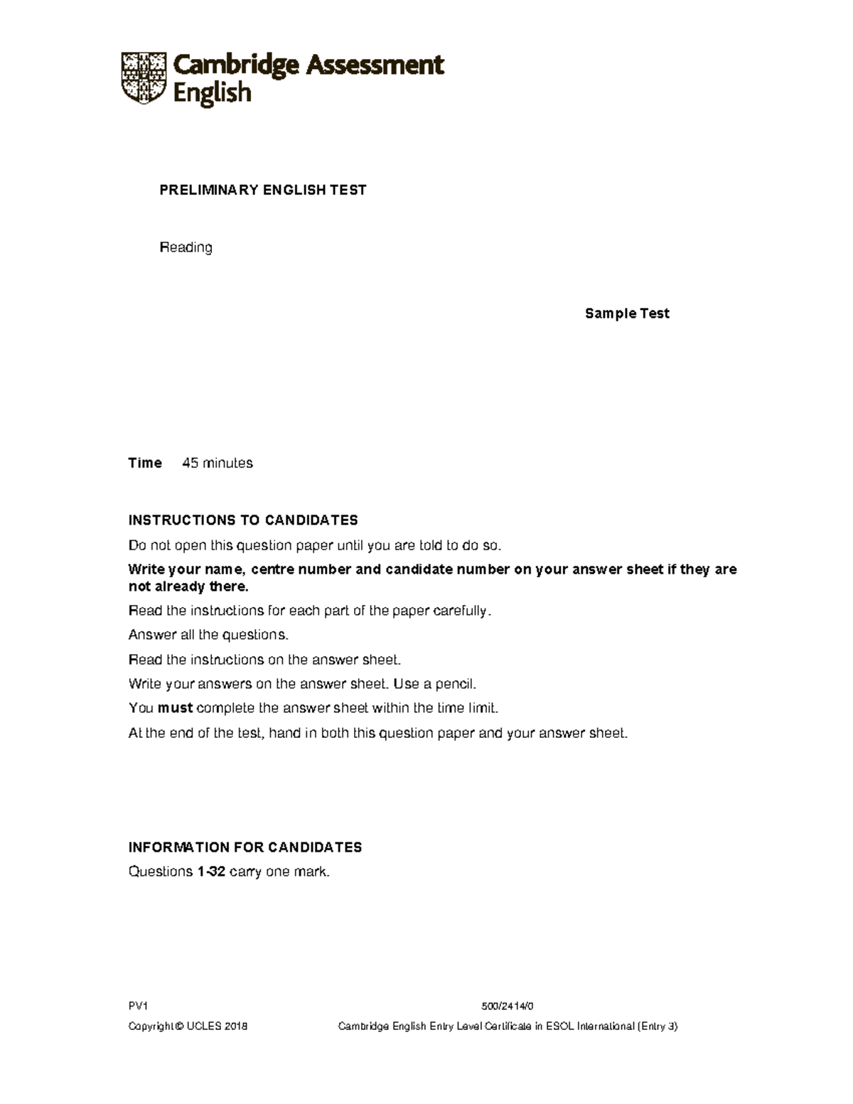 B1 Preliminary 2020 Sample Tests Reading - Question Paper - PRELIMINARY ...