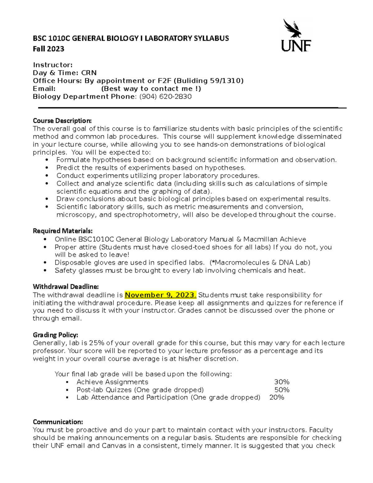 Syllabus BSC 1010C GENERAL BIOLOGY I LABORATORY SYLLABUS Fall 2023