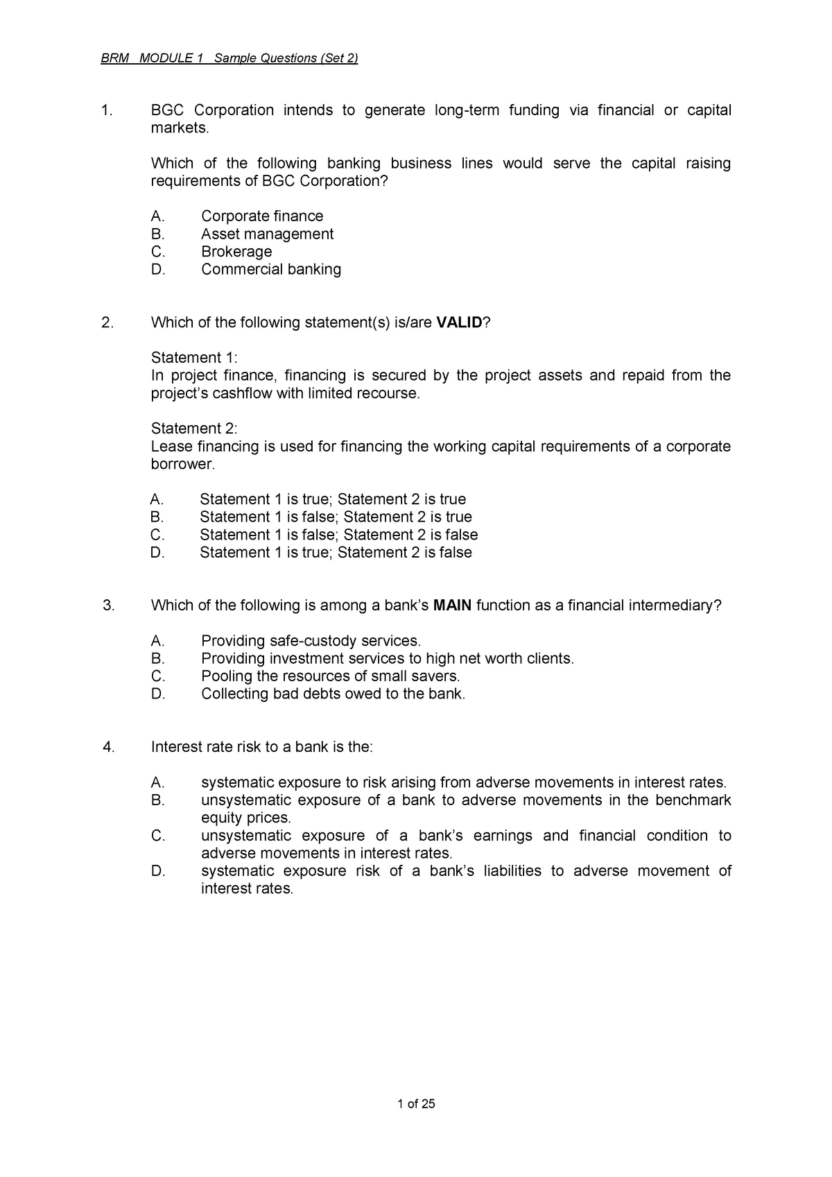 BRM Mod 1 - Sample Questions For Risk Management - Organization Risk ...