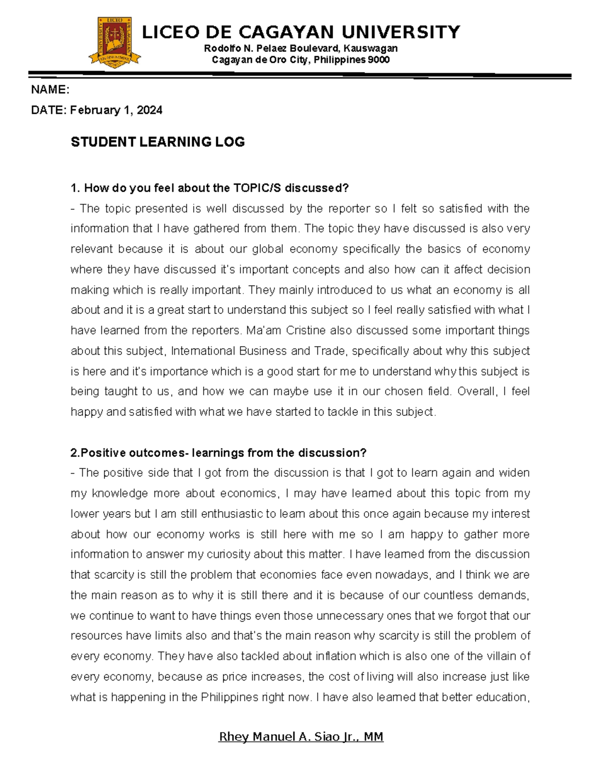 Learning LOG - Essay - LICEO DE CAGAYAN UNIVERSITY Rodolfo N. Pelaez ...