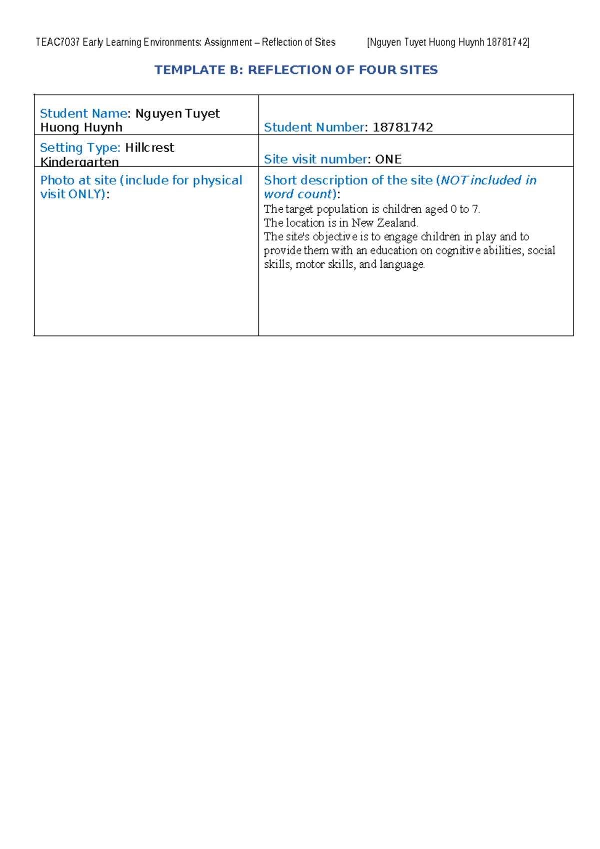 Final 1Assignment - Assignment - TEMPLATE B: REFLECTION OF FOUR SITES ...