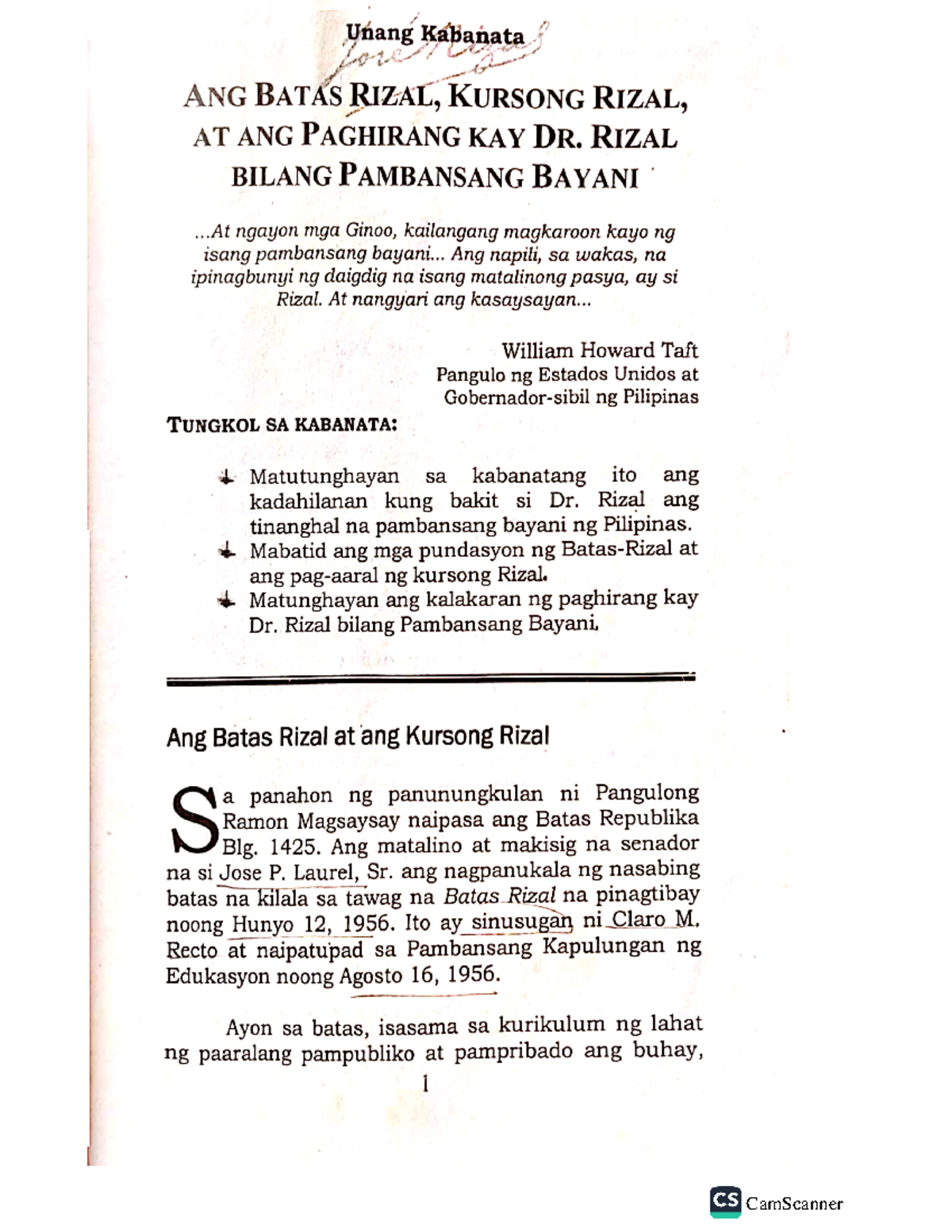 Rizal-Law - ABOUT RIZAL'S LAW - Unang Kabanata ANG BATAS RIZAL, KURSONG ...