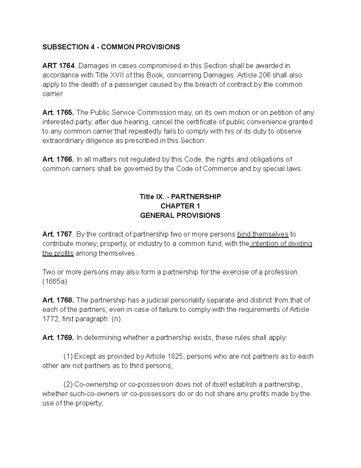 Business LAW ( Civil CODE) - SUBSECTION 4 - COMMON PROVISIONS ART 1764 ...