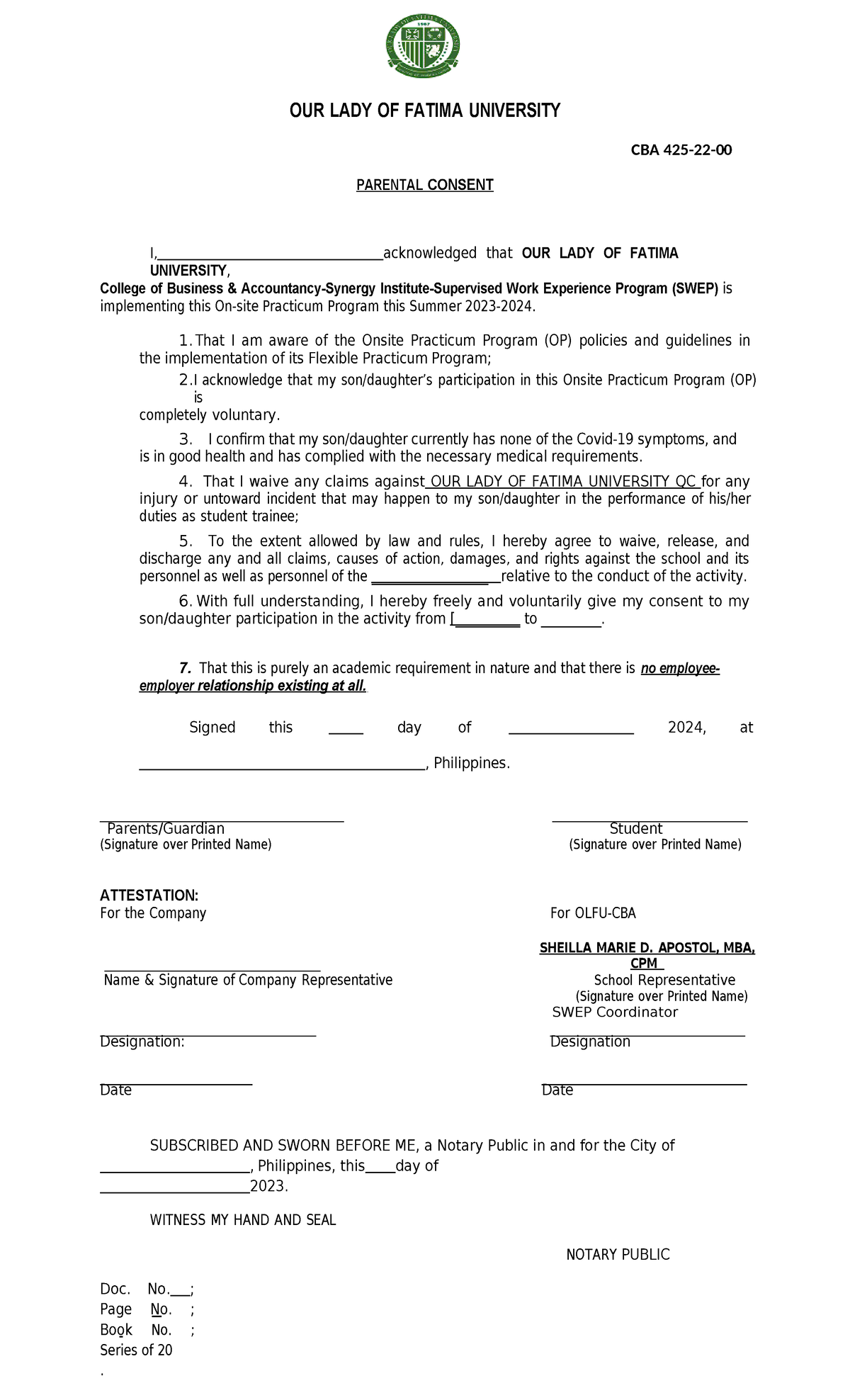 SWEP BSA-Parental-Consent-OP - OUR LADY OF FATIMA UNIVERSITY CBA 425-22 ...