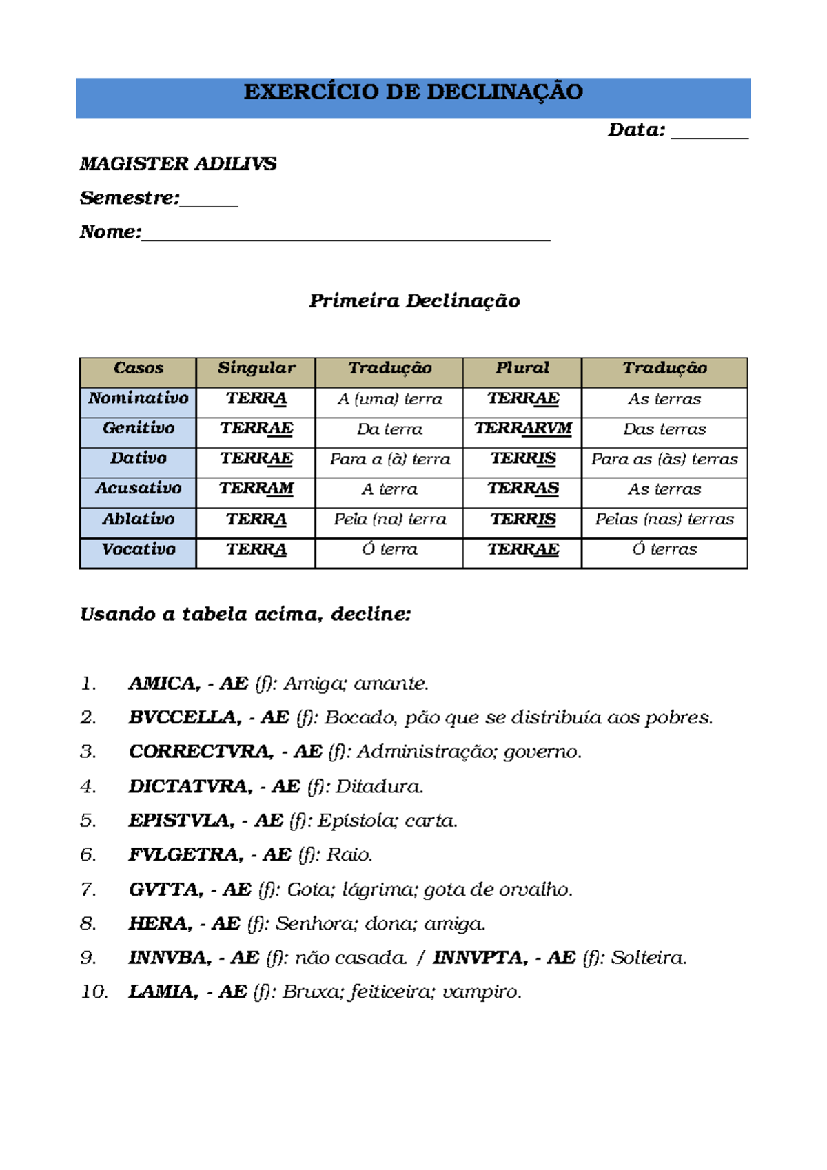 Declinação Requiem, Todas as formas, plural, regras, áudio