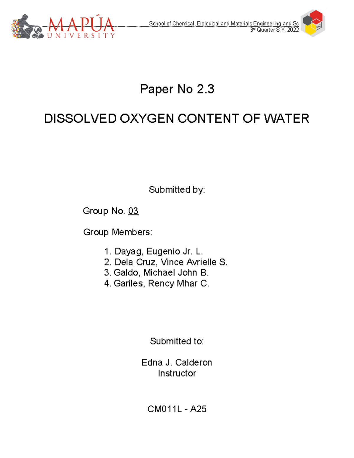 Group 3 CM011L-A25 Experiment 2 - 3 rd Quarter S. 2022- Paper No 2 ...